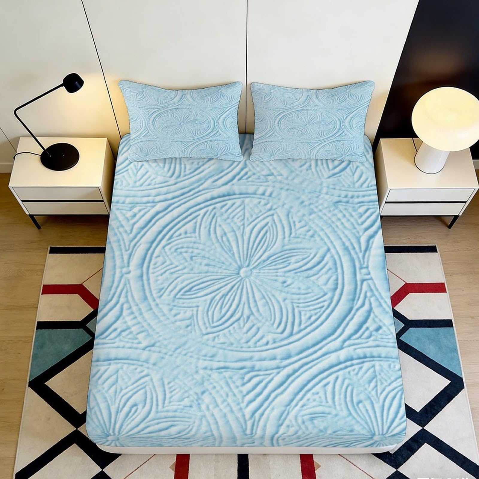 3D Printed Light Blue Floral Fitted Sheet Microfiber Soft Breathable Embossed Bed Cover for Bedroom Dormitory Guest Room Mattress Protection Decor 160x200x25cm