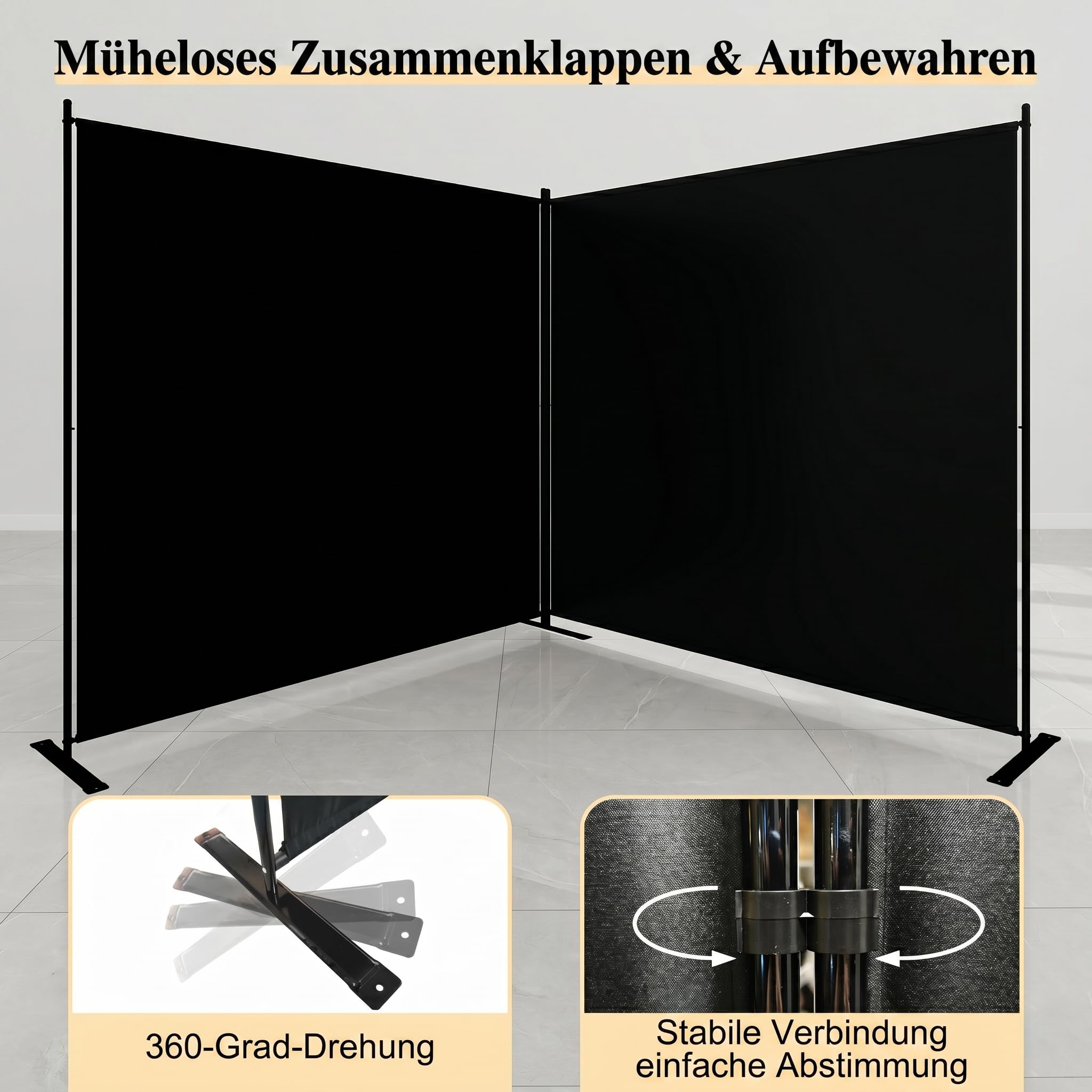 T&Jero 2-Panel Faltbarer Raumteiler, Tragbarer Sichtschutz Für Zuhause Und Büro, Freistehende Raumtrennwand Für Schlafzimmer, Wohnzimmer, Studio, 360cm Breit X 180cm Hoch, Schwarz