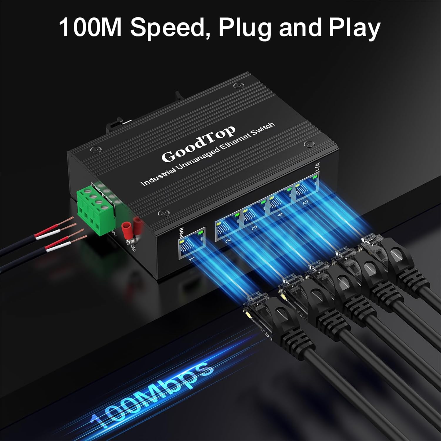 5 Port 100Mb Unmanaged Industrial Switch with DIN Rail 15W Power Supply,10/100Mbps Fast Ethernet,IP40,4KV Lightning Protection,Operating Temperature Range -40° – 80°C DIN Rail Network Switch