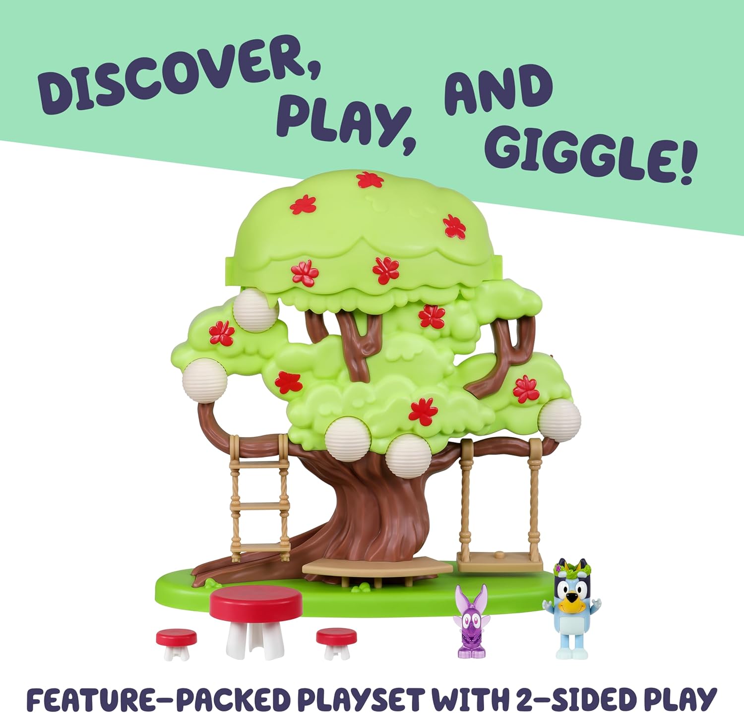 Bluey 2-Sided Treehouse Playset, 11”, Action-Packed Tree Toys Set with 4 Accessories and 2.5” Articulated Figure, Animal Toys for Kids Ages 3+