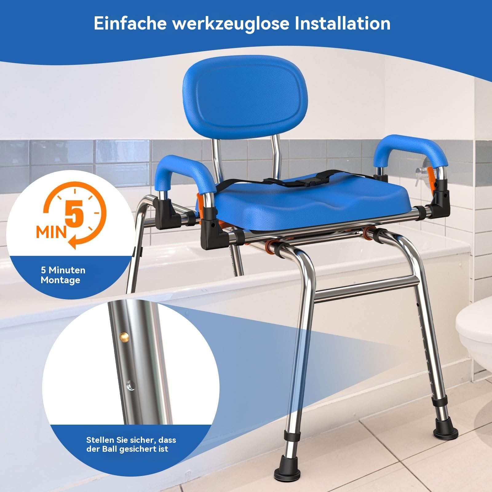 Gleitender Duschstuhl mit 360° drehbarem Sitz, 204kg Wannen-Transferbank | 1,4 mm Luftfahrt-Aluminiumrahmen, 450 lbs Tragkraft. Höhe & Breite verstellbar, 360° drehbarer Sitz