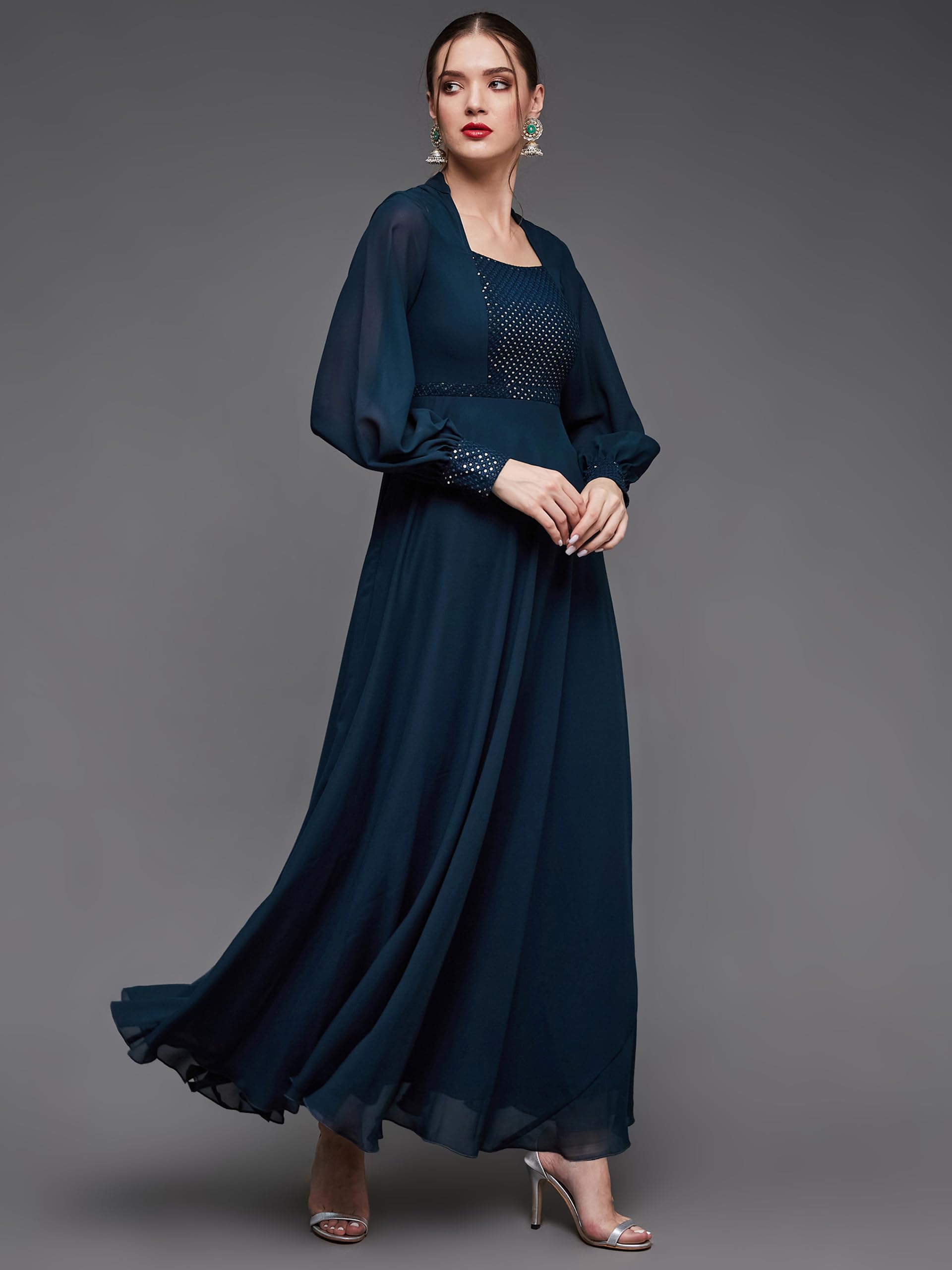 Miss Chase Maxi abito svasato da donna con scollo rotondo e maniche