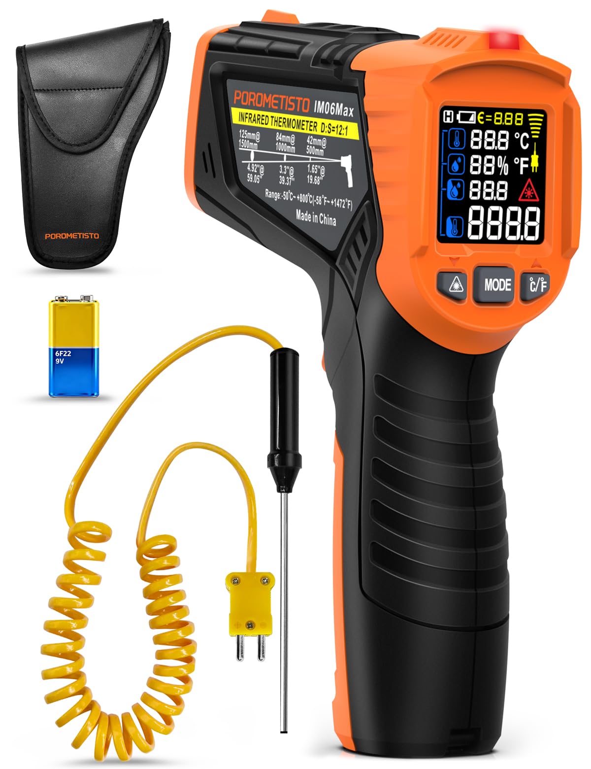 4 en 1 Thermomètre infrarouge professionnel POROMETISTO, 4 réglages d'alarme de qualité industrielle, -50 °C à 800 °C pyromètre laser thermometre infrarouge numérique avec sonde K et écran LCD couleur