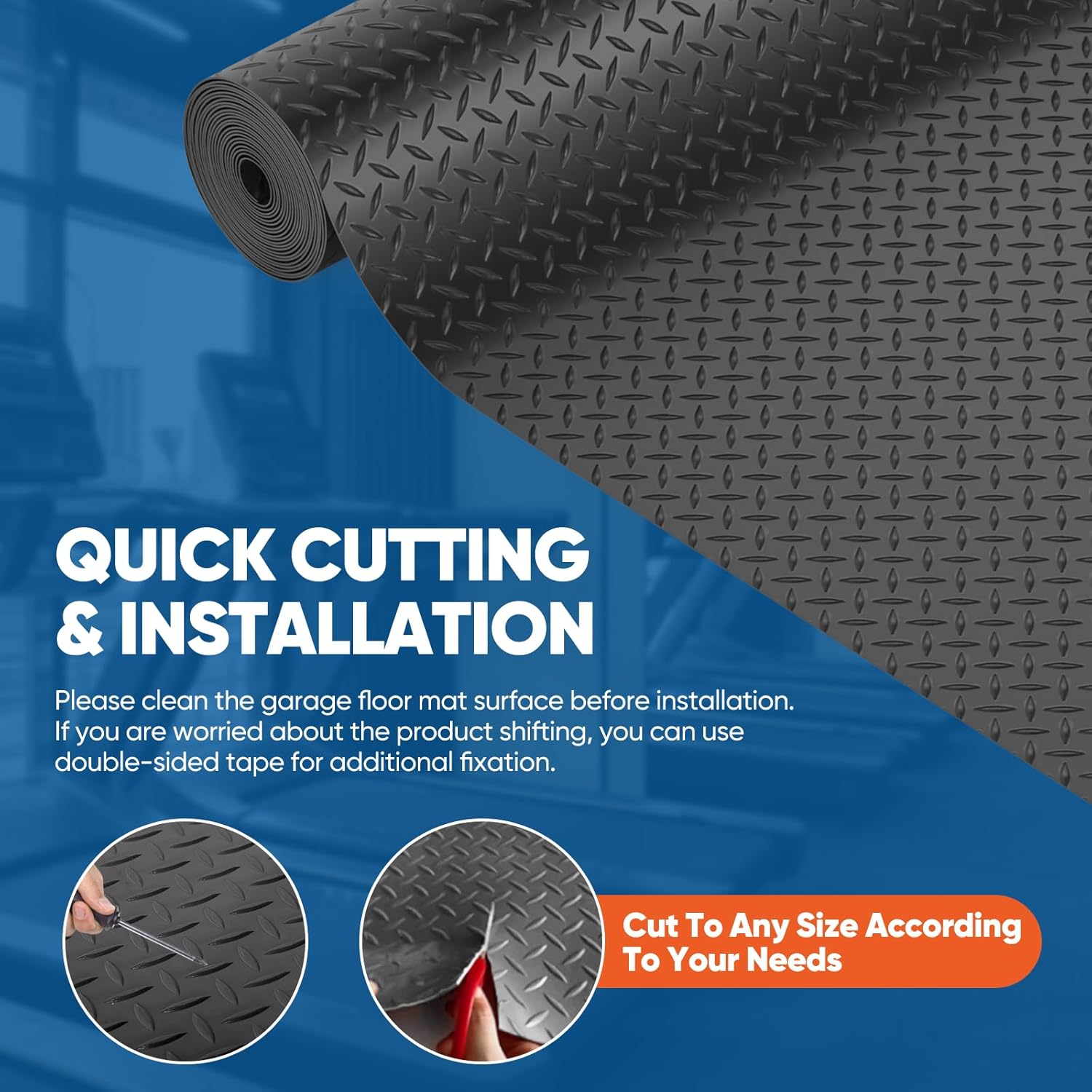 FAHKNS 8.1x21 FT Garage Floor Mat, 2.8mm Thickened Flooring Roll for Under Car Diamond Plate PVC Rubber Mat,170 SQFT Heavy Duty Non-Slip Rubber Floor Parking Mat for Trailer SUV Basement Gym9(Black)