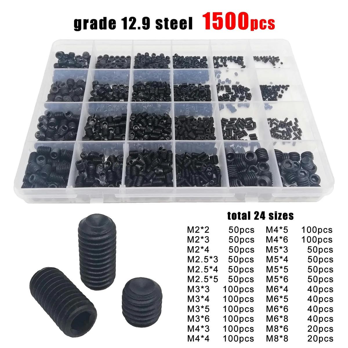 500/1500X M2 M2.5 M3 M4 M5 M6 M8 N916 304 stal szlachetna czarny sześciokątny klucz imbusowy Allen Cup Point Grub Bolt Set Screw Box stal szlachetna 1500 sztuk