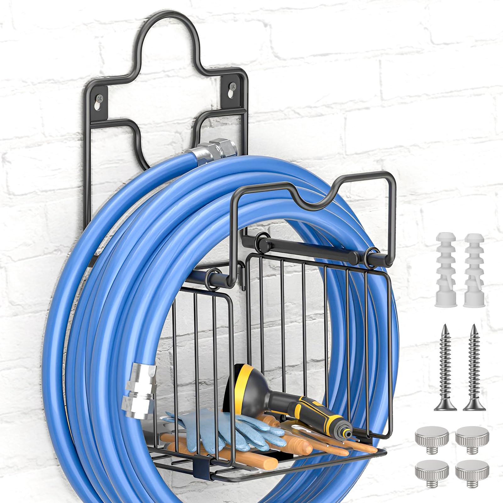 Soporte Manguera Jardin - Soporte Manguera Pared con Cesta de Almacenamiento - Metal de Gran Resistencia Portamangueras Pared, Robusto Duradero Colgador Manguera Recoge para Garaje Patio Garaje Césped