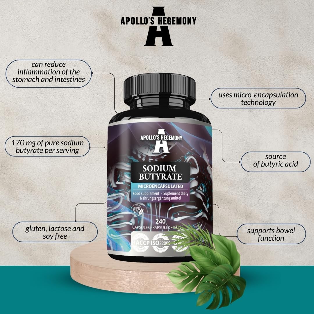 Butyrate de Sodium Haute Dose 580 mg (30% Acide Butyrique), 120 Capsules Végétales, 4 Mois, Supplément de Sodium pour Soutenir la Santé de l'Intestin - par Apollo's Hegemony
