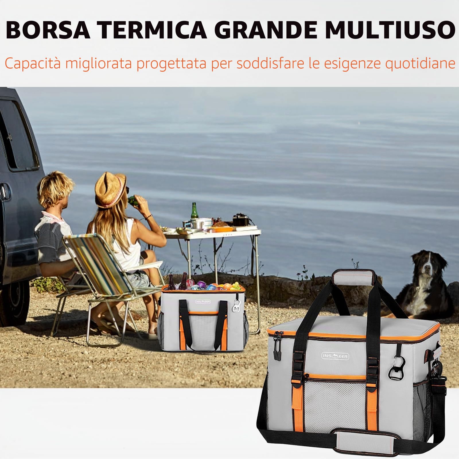 INSMEER Borsa frigo grande da 50 l, pieghevole, per 80 lattine, pieghevole/a prova di perdite, con apertura, borsa da picnic per campeggio, spiaggia, picnic, gite in famiglia, per 4 persone