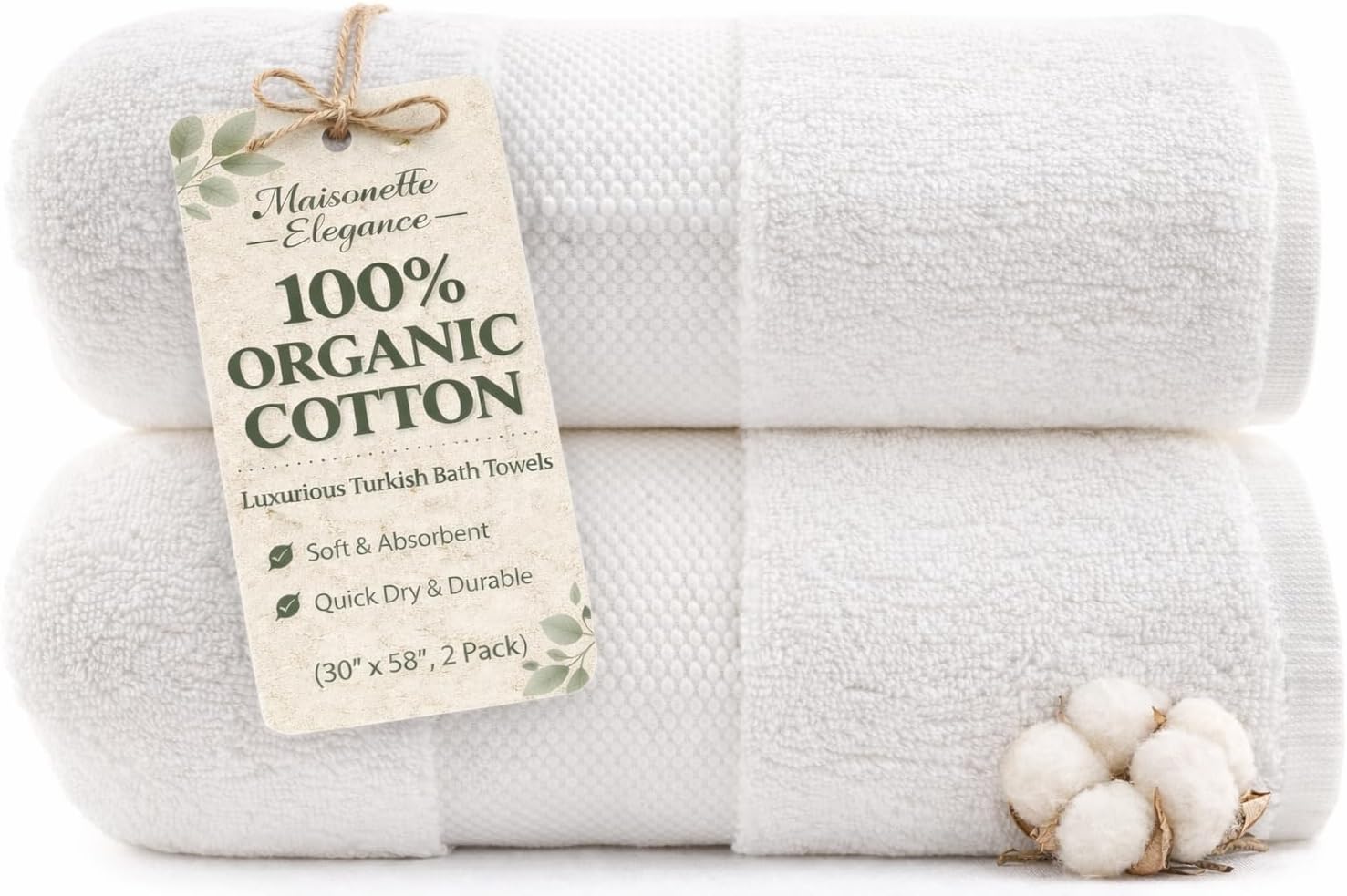 Maisonette Elegance 100% Organic Cotton Turkish Bath Towels, Soft & Absorbent, Ideal Quick Dry Large Luxury Bathroom Towel Set for Shower (30" x 58", 2 Pack) - White - Thumbnail 3