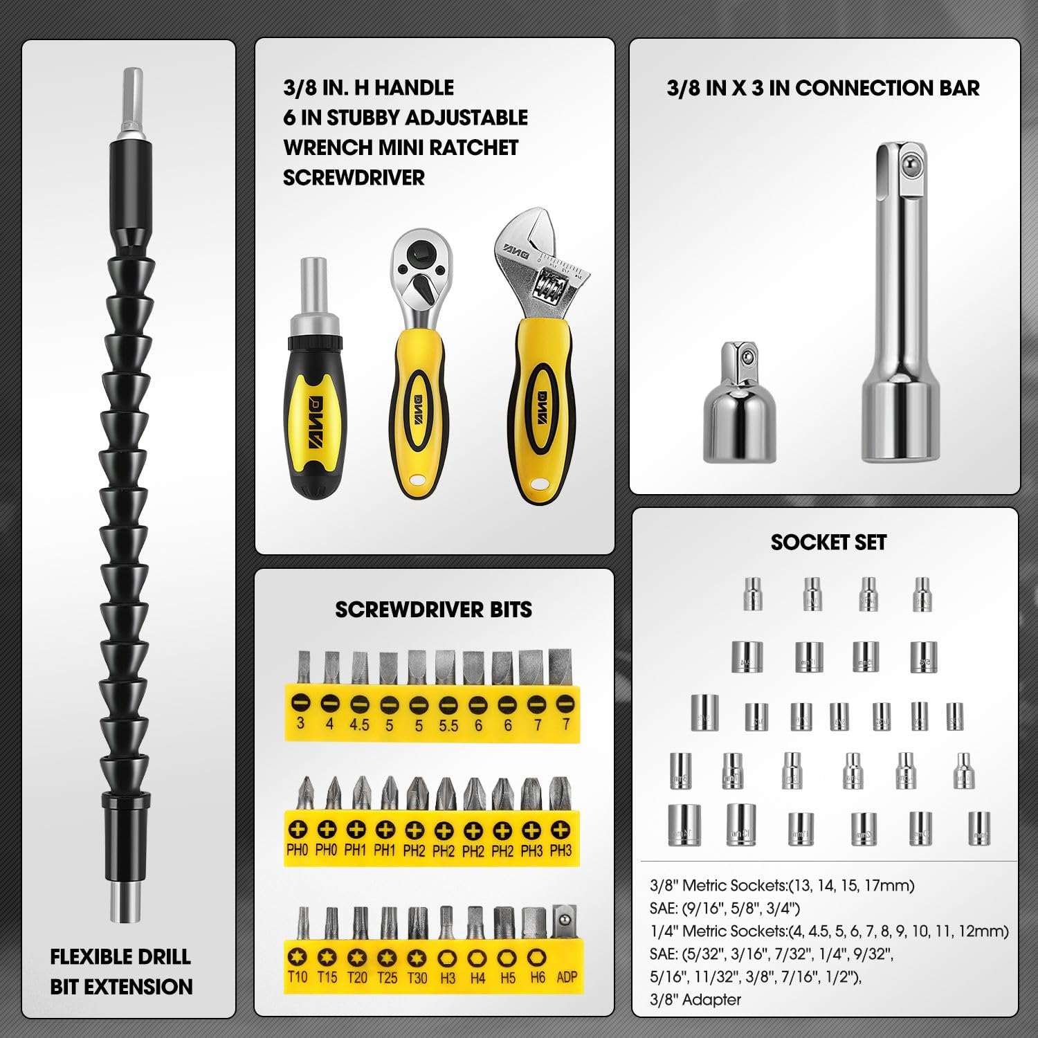 DNA Motoring TOOLS-00027 - Juego de 64 herramientas de extracción de sujetadores pequeños, puntas de destornillador + trinquete + enchufes amarillos