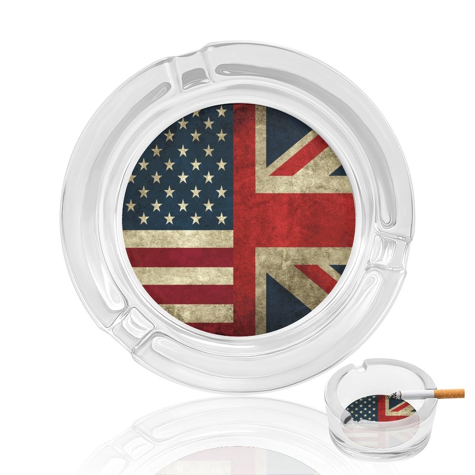 Vintage Americans-and-Union Jack Flag Ashtray Portable Round Glass Outdoor Ash Tray for Home Office Garden Pub