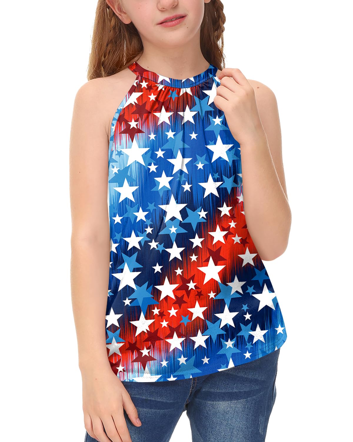 BesserBay Girls Summer Back Button Halter Neck Tank Top Cold Shoulder Casual Blouse Pleated Sleeveless Shirts 5-14 Years