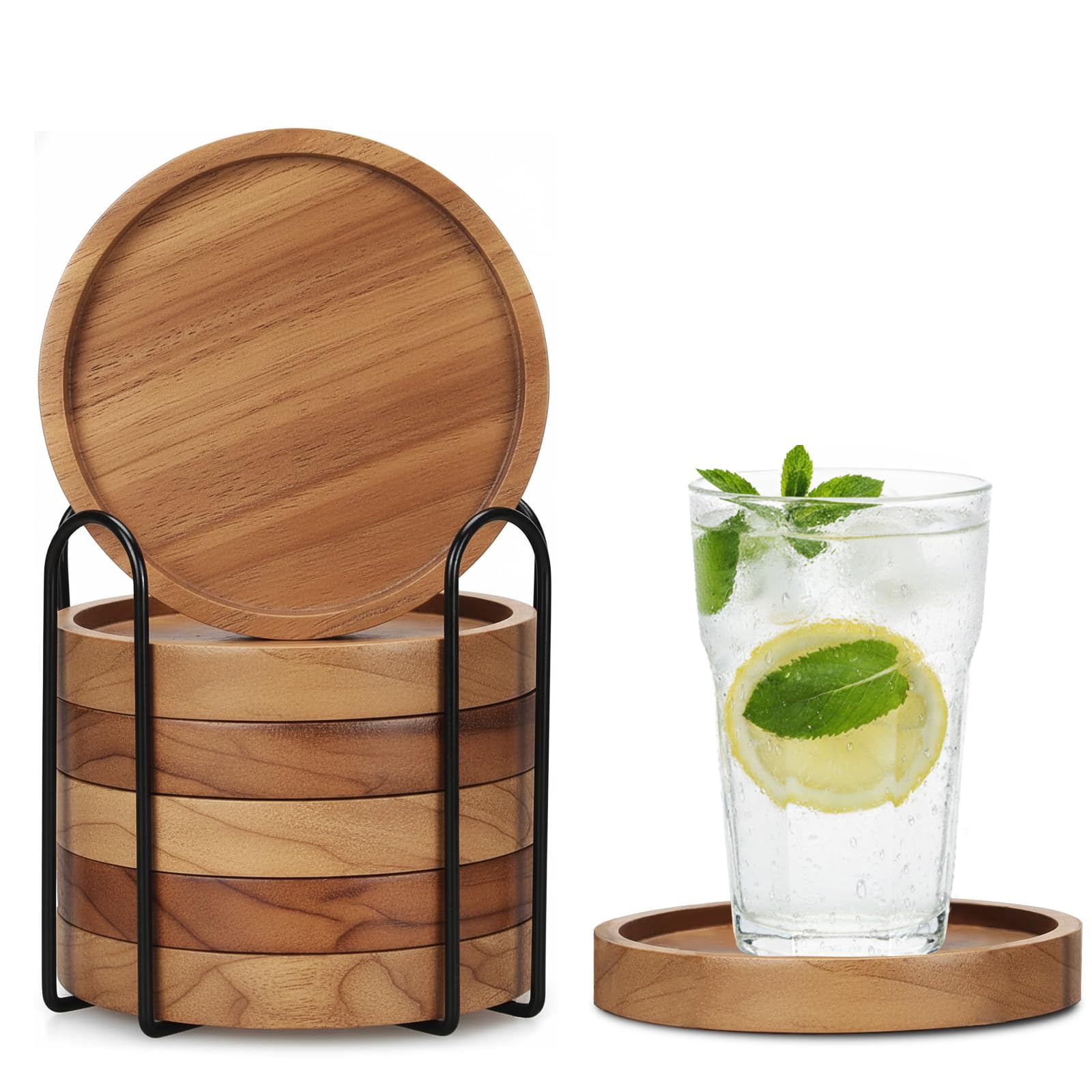 Histarzeda Acacia Wooden Coasters Set of 6, with Metal Holder, 1.5 cm Thick Drink Coasters with Unique Grain, Heat-Resistant and Water-Repellent, Ideal for Home Décor (6 Pcs)