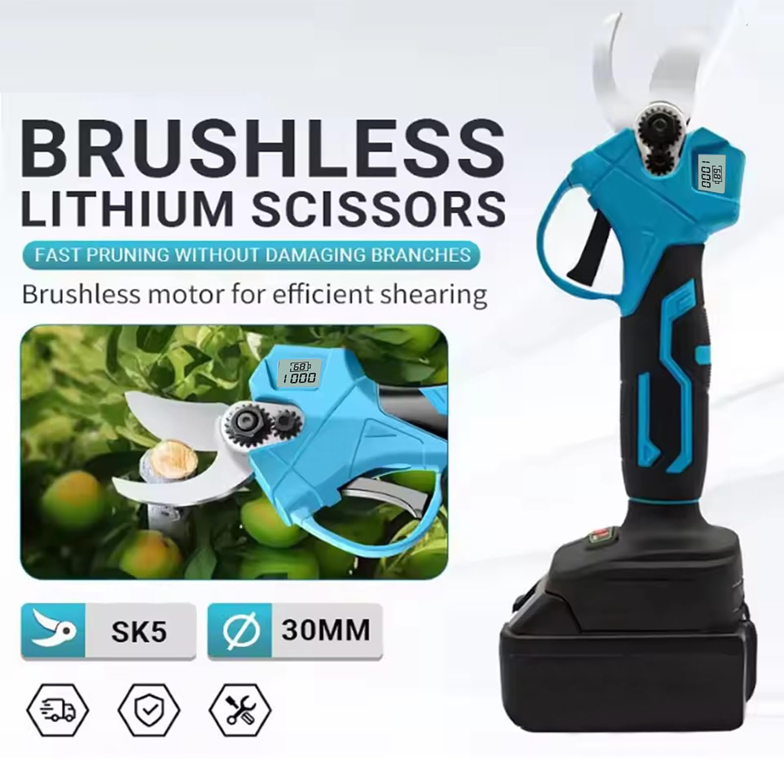 Cesoie elettriche senza fili, con batteria da 40 mm, diametro di taglio da 21 V, 2000 mAh, set di lame di ricambio, 6-8 ore di lavoro, cesoie per potatura e cesoie per rose (blu)