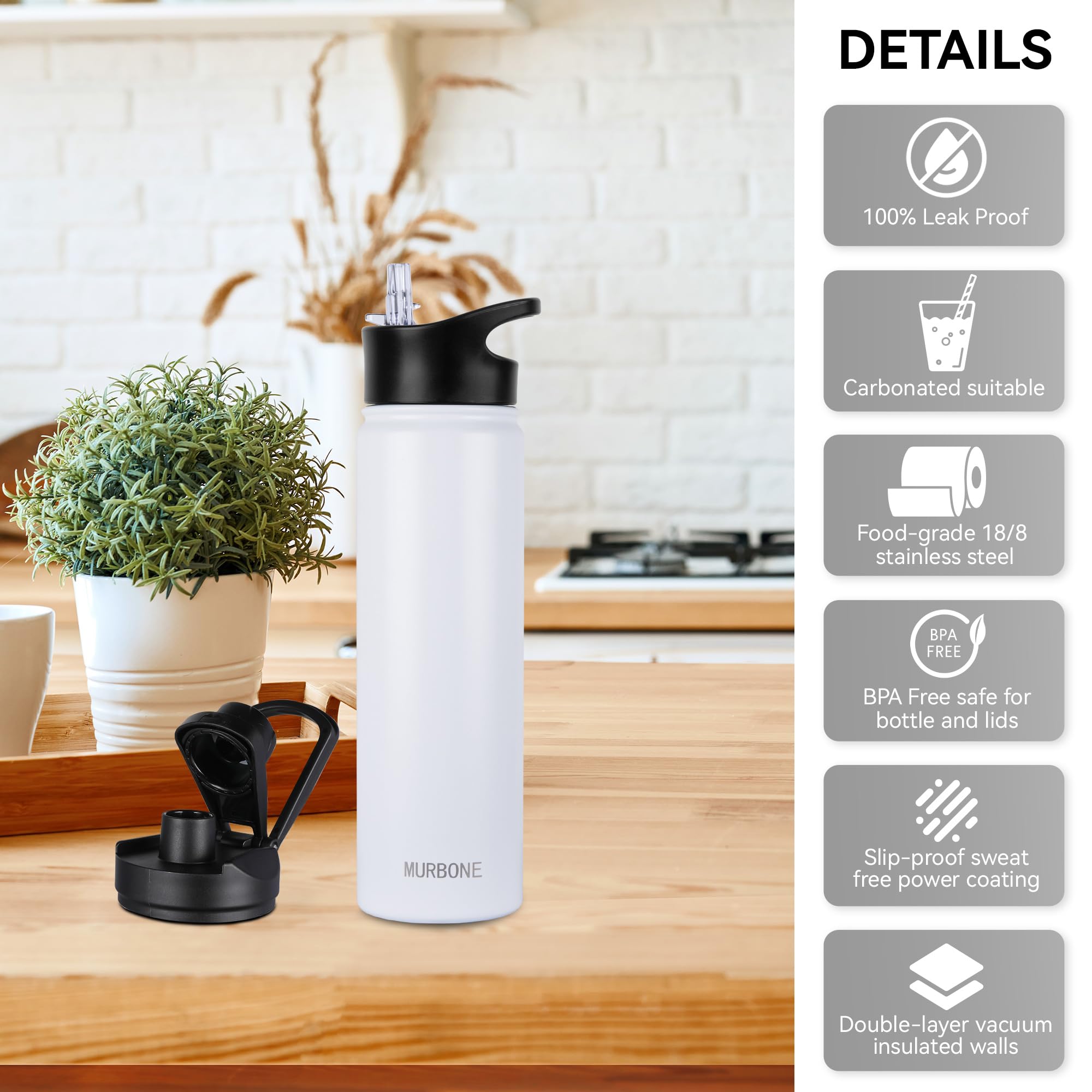 MURBONE Insulated Water Bottle, 750ml Stainless Steel Drink Flask with Straw, BPA Free, 2 Lids (Straw Lid and Spout Lid) - Image 4