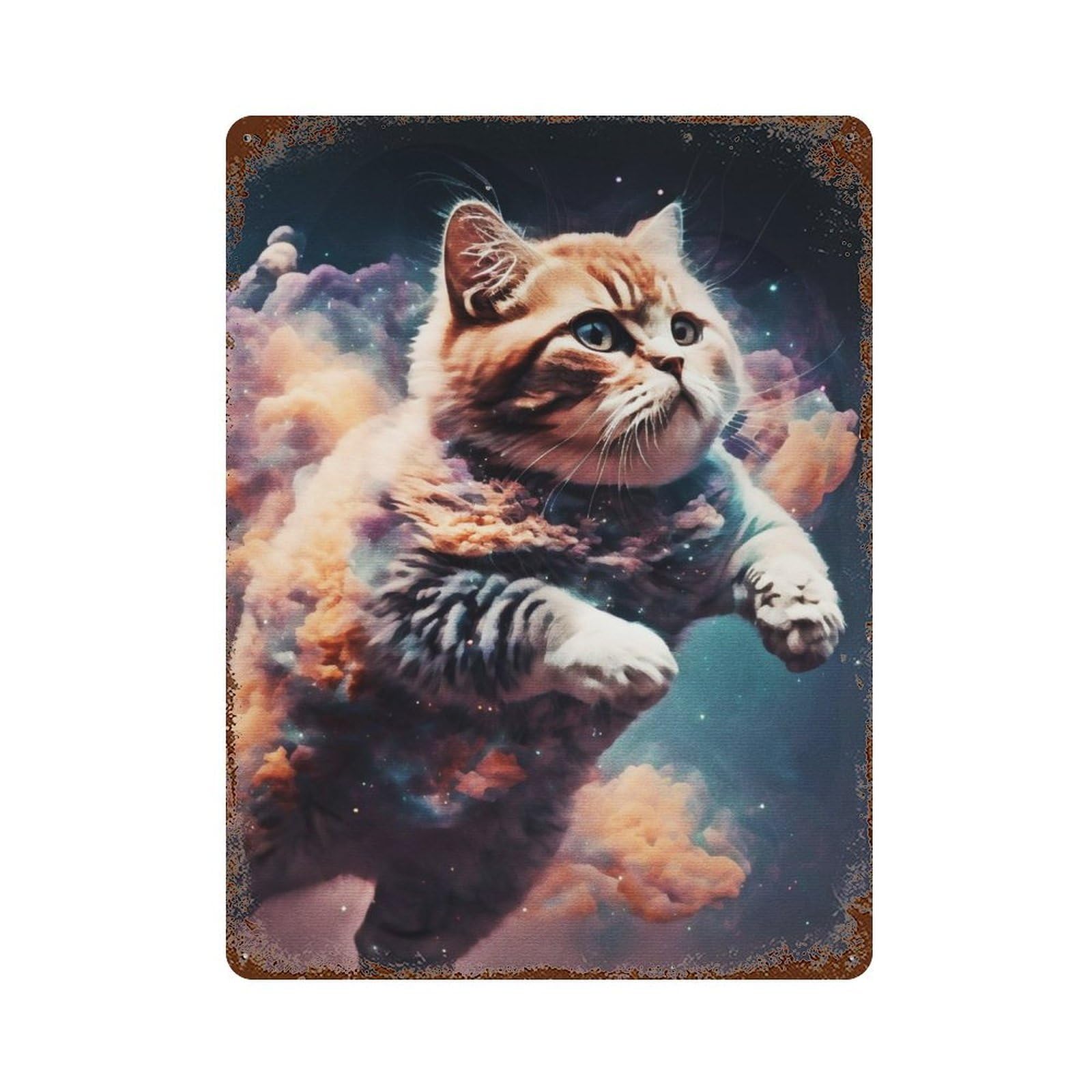 Garage Style Cloud Illustration Cat Aged Metal Wall Plaque 15.7"x11.8", Vintage Wall Decor for Bar And Workshop