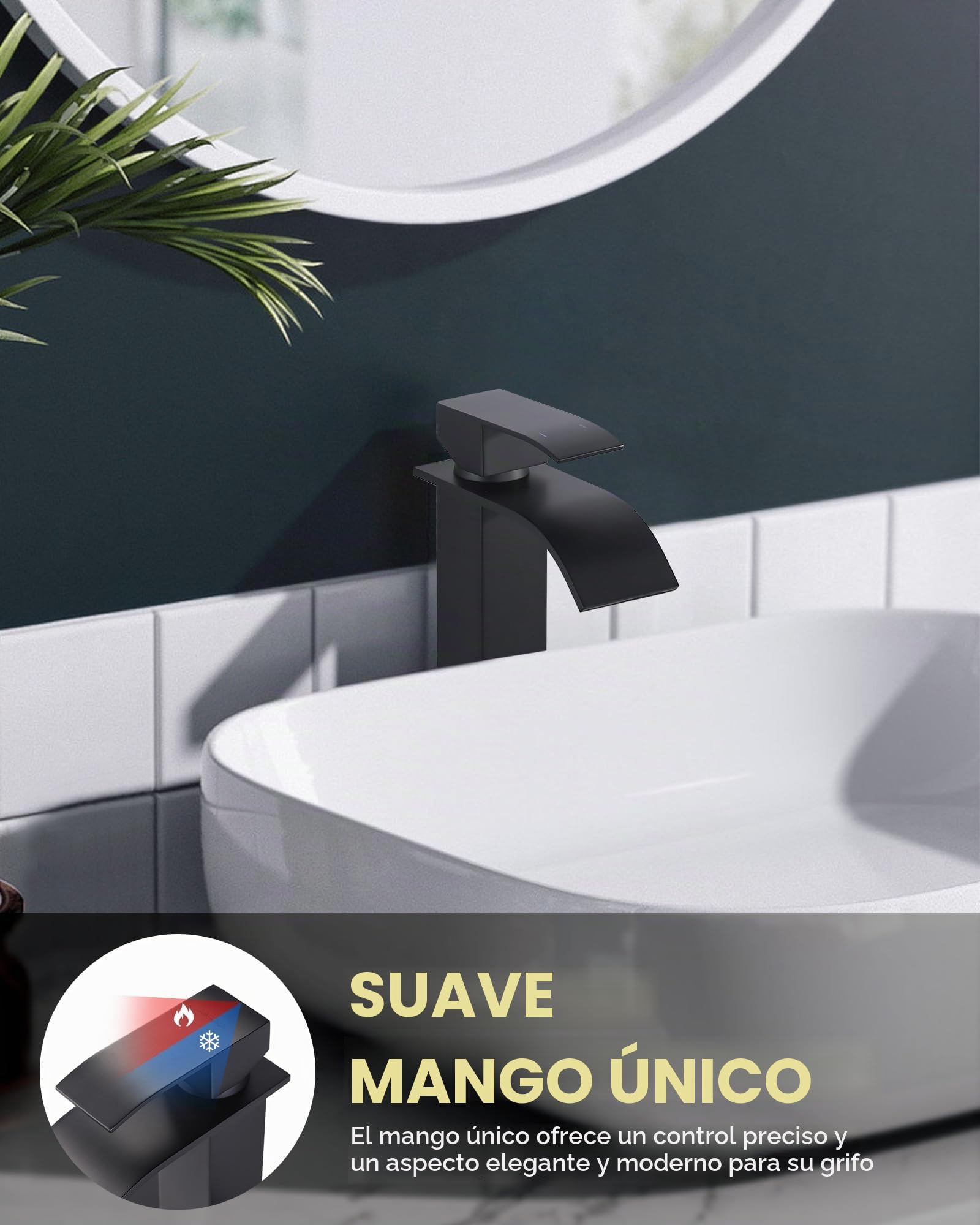 Grifo de cascada para baño negro, mezclador de lavabo monomando de acero inoxidable. Altura de salida 224 mm. Grifo de lavabo para 1 orificio, mezclador de recipiente con mangueras de agua de 60