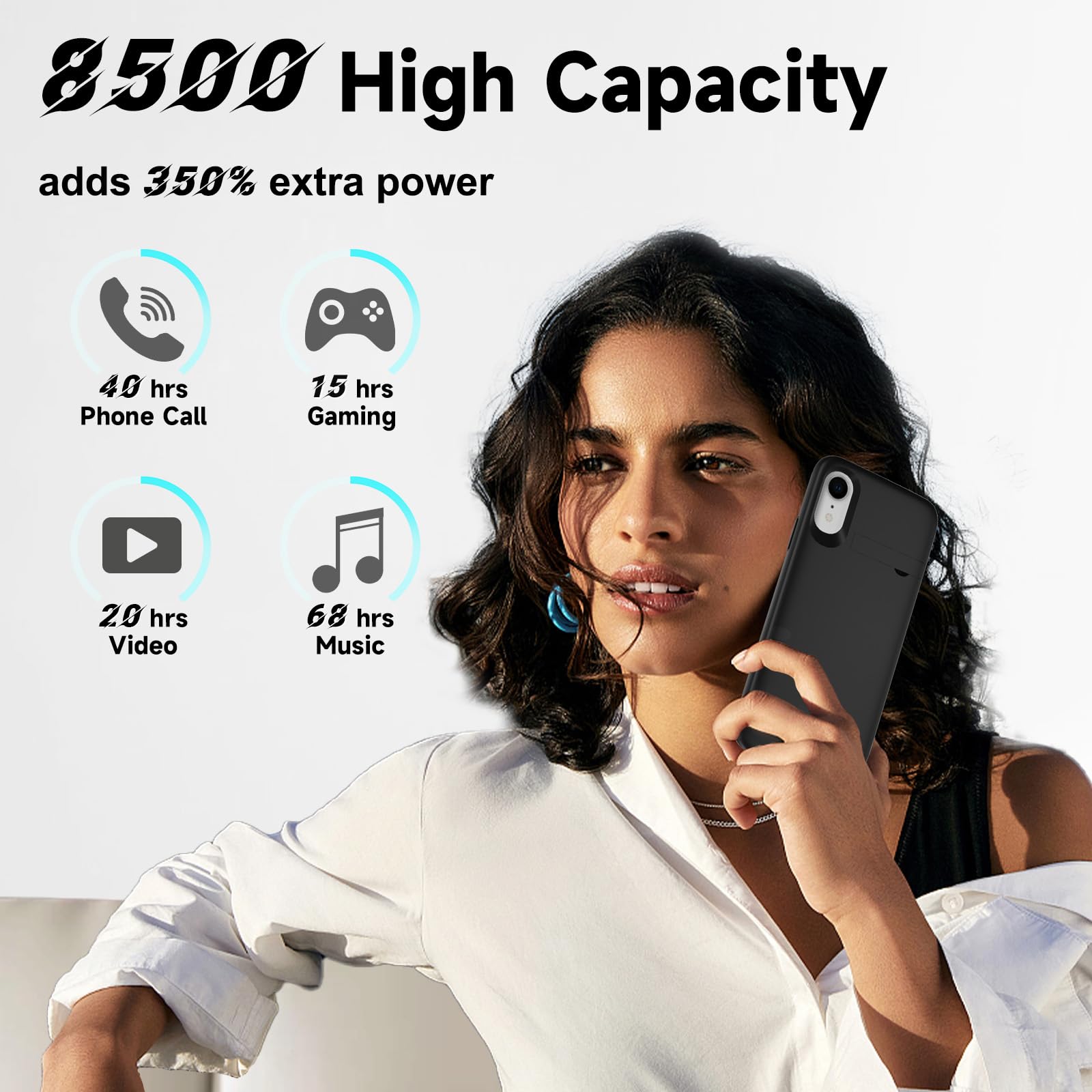 Cover Batteria per iPhone XR (6,1"), 8500mAh Custodia Batteria Protettiva a 360° per Caricabatterie Portatile con Supporto, Powerbank Portatile Ricaricabile ed Espandibile per iPhone XR (Nero)
