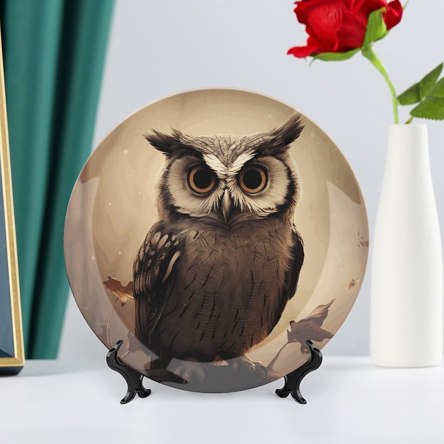 Bone China Decorative Plates Cute Owl Ceramic Decorative Plate Wall Decor with Display Stand Ceramic Ornaments for Wall Hanging Decoration