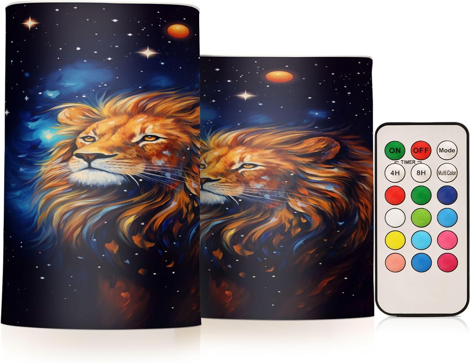 Universe Night Lion with Moon Stars Flickering Flameless Candles Battery Operated with Remote Timer,Tea Light Candles LED Pillar Votive Candles Set of 2 for Outdoor Indoor Decorations