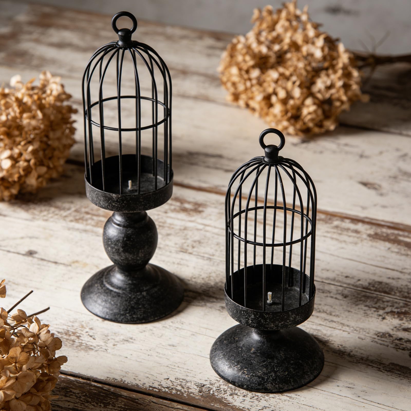 minkissy 2 Stück Vintage Vogelkäfig Kerzenhalter aus Schwarzem Eisen für Stabkerzen mit Langlebiger Stabilität und Geringem Pflegeaufwand für Gemütliche Wohnraumdekoration