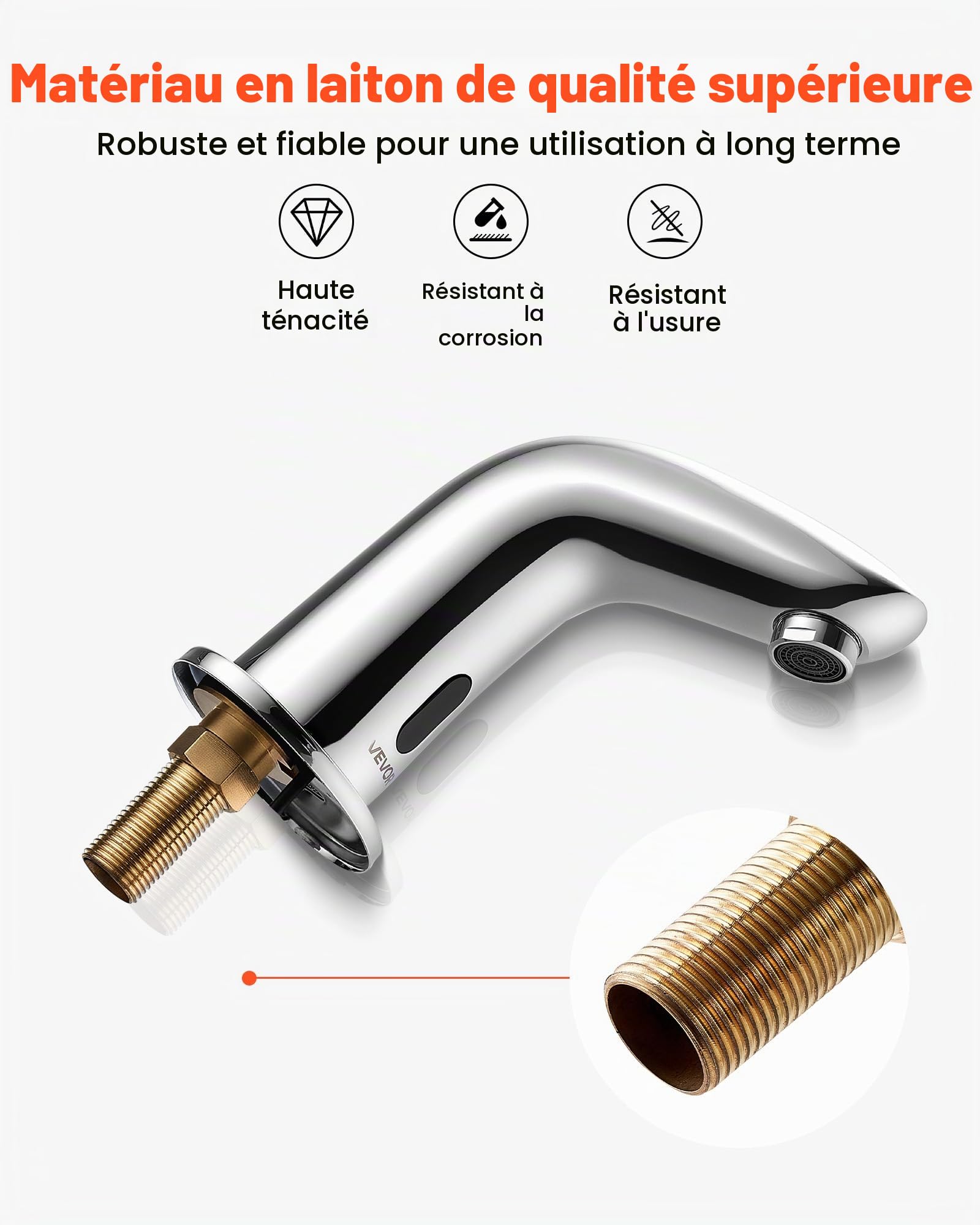 VEVOR Robinet Automatique sans Contact, Mitigeur de Lavabo à Capteur de Mouvement, Robinetterie d'Eau Froide, Fonctionne sur Piles, pour Tuyau de 9,5 mm, Bar Cuisine Salle de Bain, Chromé Argenté