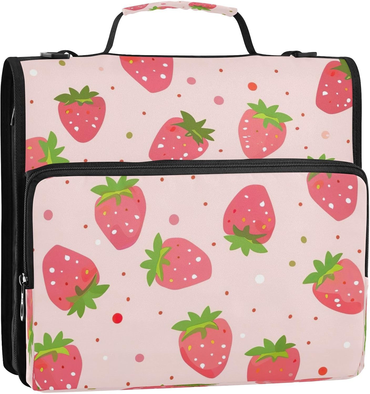 Cartoon Strawberry 3 Ring Binder,Capacity & Multi-Pockets Zipper Binder Bag Organizer with Shoulder Strap & Handle School Office Supplies