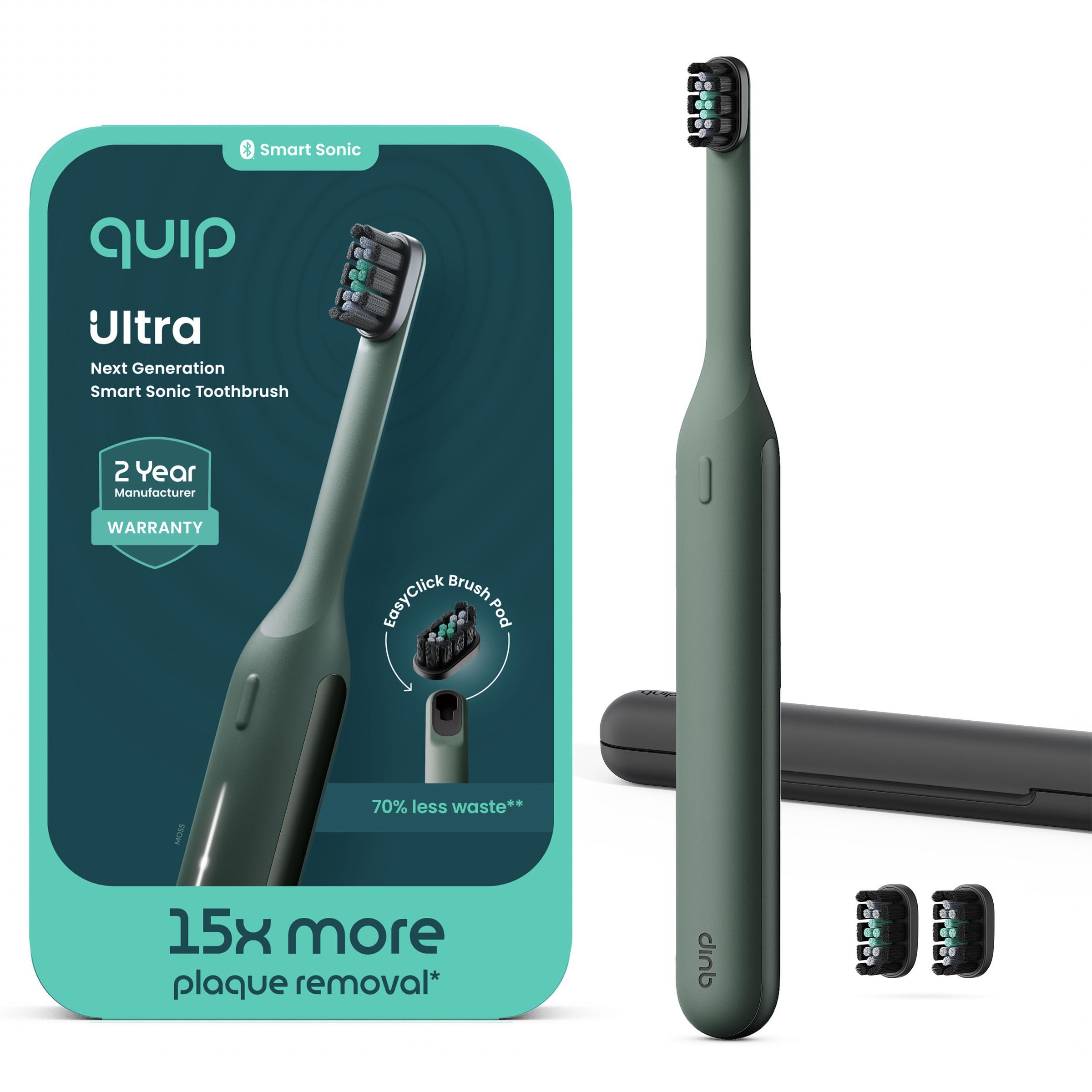 Quip Ultra Next Generation Smart Sonic Toothbrush - Timed Electric Toothbrush for Adults - Replaceable Brush Head, Soft Bristles, Silicone Handle, 30-Day Battery Life, Travel Case - Moss Green