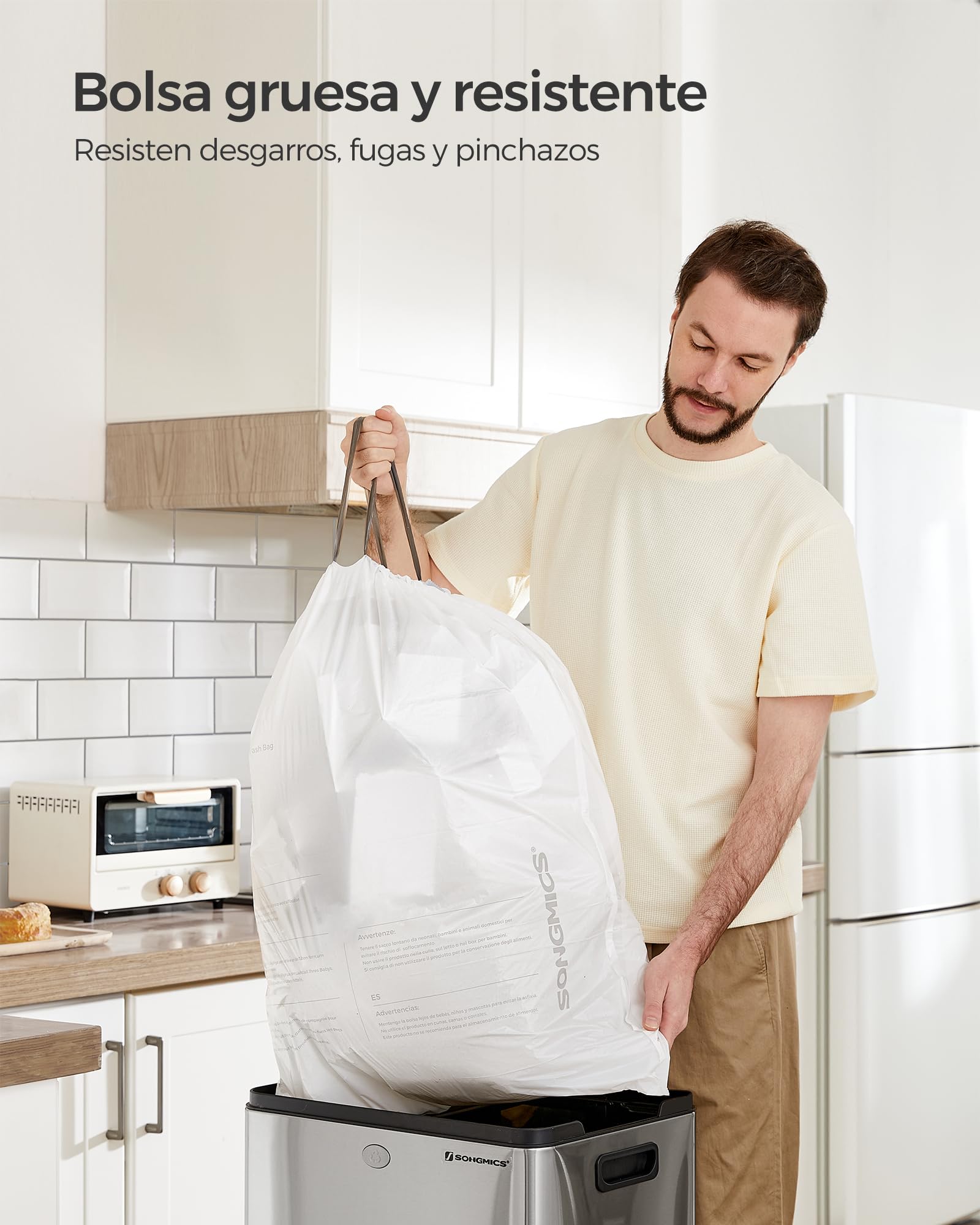 SONGMICS - Bolsas de basura resistentes, bolsas de basura con enlaces deslizantes para basura de cocina 50L, preseparadas, código de la bolsa 050A01, 3 rollos, 120 piezas, blanco KRB050A03
