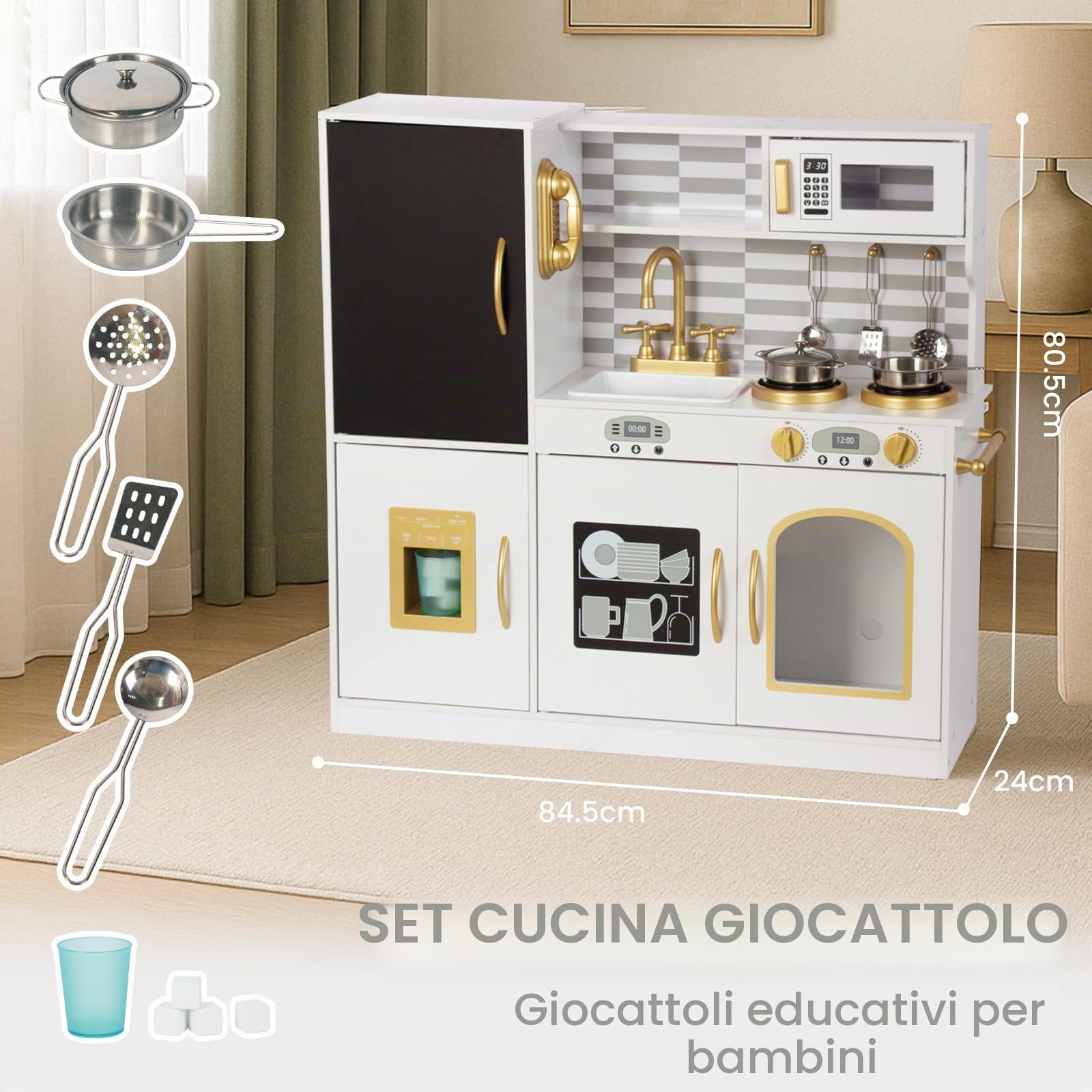 WOODENFUN Cucina Giocattolo in Legno per Bambini con Lavagna, Telefono, Pentola, Cucchiaio, Regalo Cucina per Bambini dai 3 Anni (Bianco Latte)