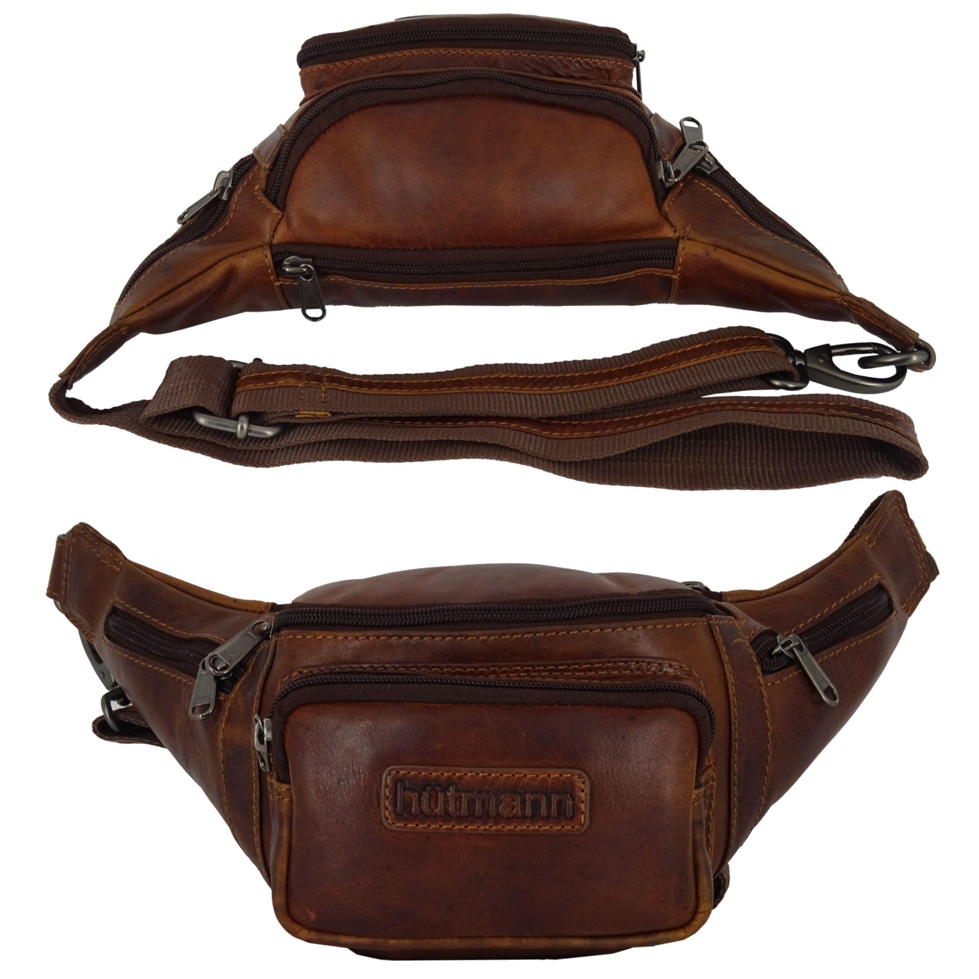 Hütmann Bauchtasche für Damen Herren Gürteltasche Hüfttasche Outdoor Handytasche Sport Laufgürtel Umhängetasche Geldgürtel für Wandern Fahrrad Reisen (Leder braun)