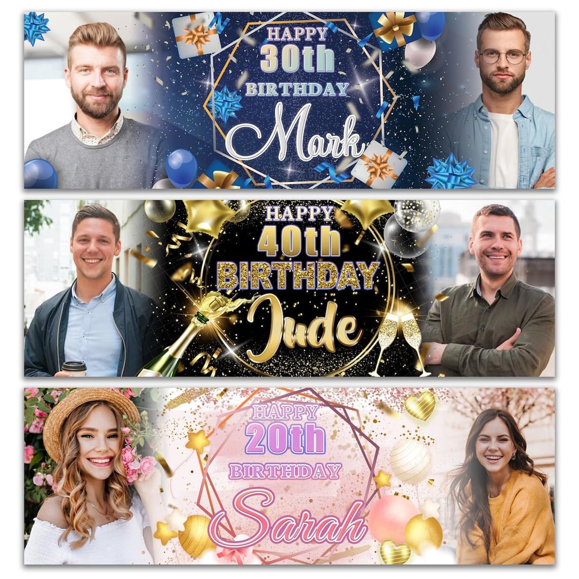 Personalised Happy Birthday Outdoor Photo Banner Custom Photo Name Age Poster Kids Party Banner Gift Decoration-18th 20th 30th 40th 50th 60th 70th
