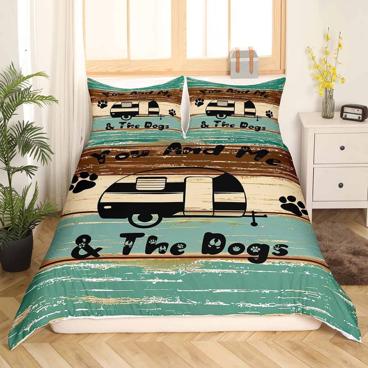 Erosebridal Cute Camping Bedding,Twin for Boys Teens Girls Happy Camping Comforter Cover, Farmhouse Rustic Bedding for Children Women Men and Dog Duvet Cover Rv Decoration