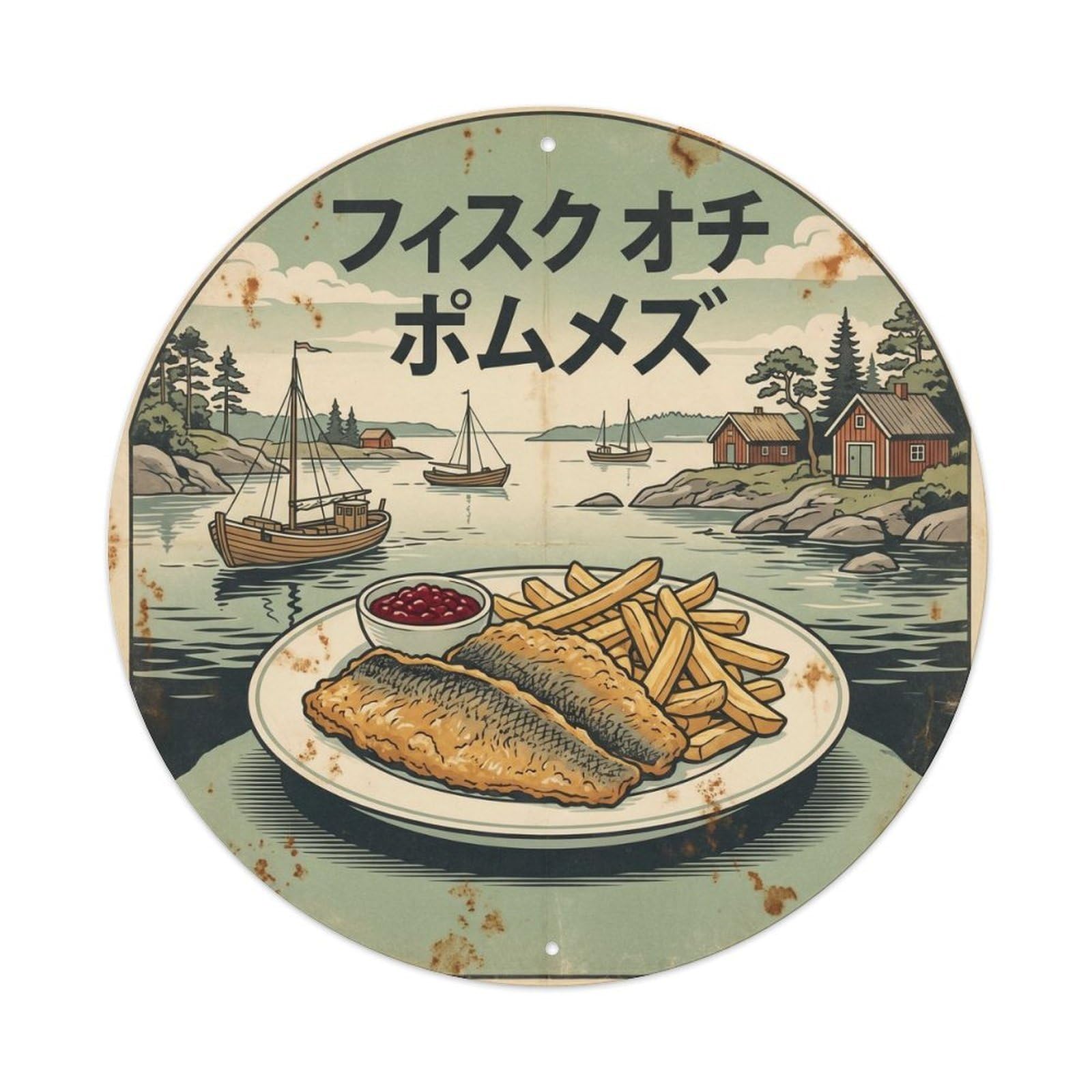 Pub Food Chippy Sweden Culture Seafood Basket Woodblock Metal Tin Sign
