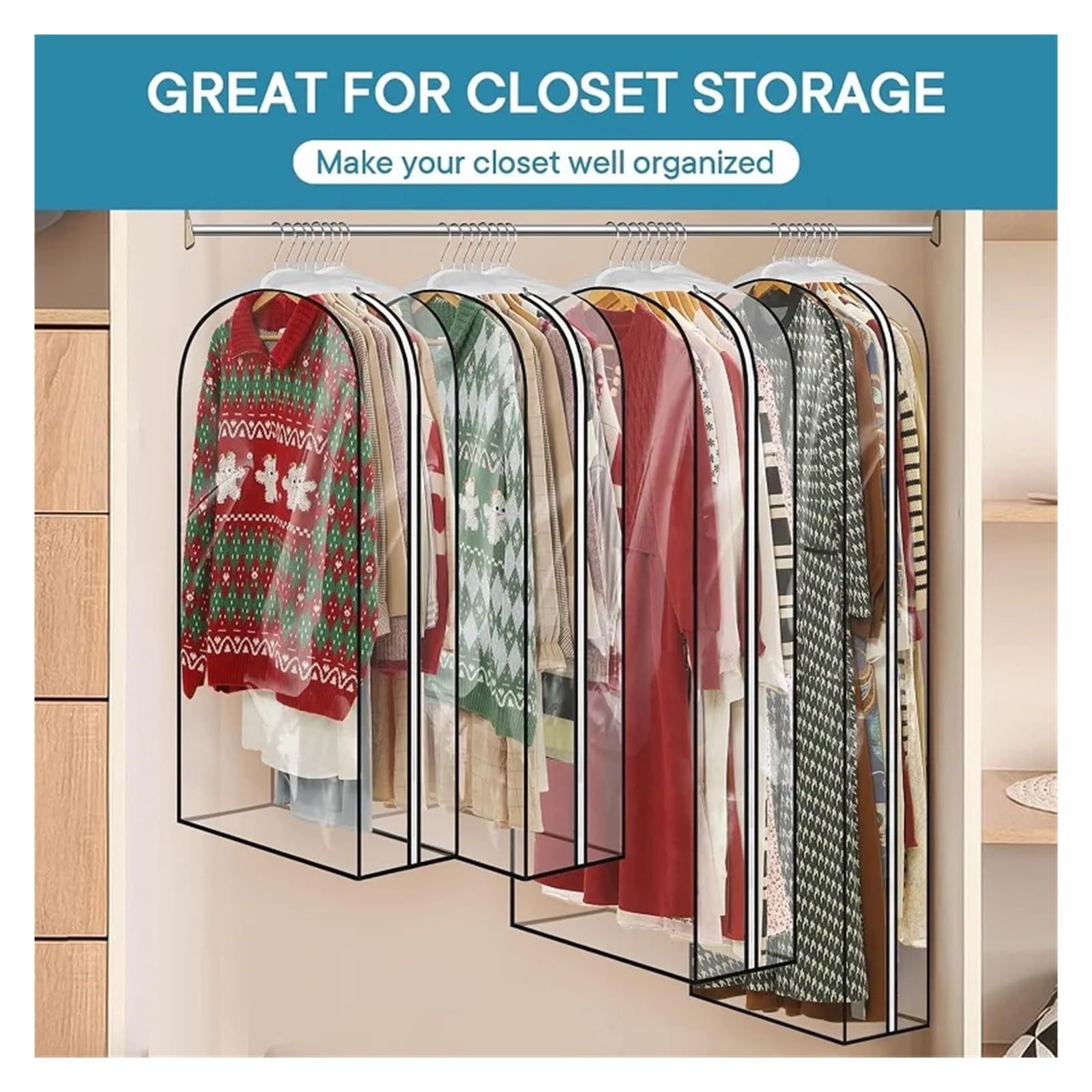 fundas para ropa Clothing Dust Cover Transparent Dress Clothes Garment Hanging Organizer Waterproof Dustproof Wardrobe Storage(60X25X100CM,5PCS)