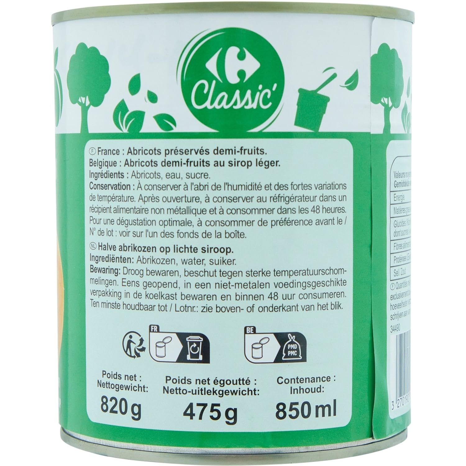 CARREFOUR CLASSIC' Abricots Demi-Fruits au Sirop Léger, 825g, Conserve en Boîte Métallique, Ingédients Simples - Lot de 4
