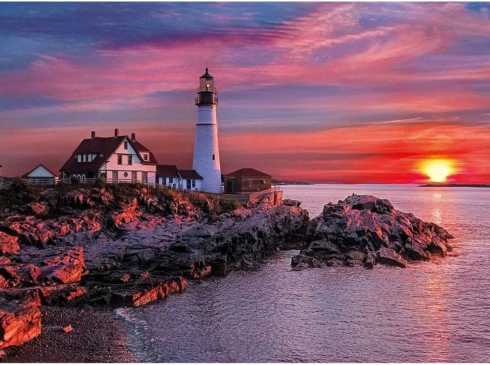 MXJSUA 5D Diamond Art Painting Kits, DIY Square Full Drill Diamond Art Kit, Crystal Picture Diamond Arts Craft for Home Wall Decor, Seaside Lighthouse, 40x50cm/16x20 inch