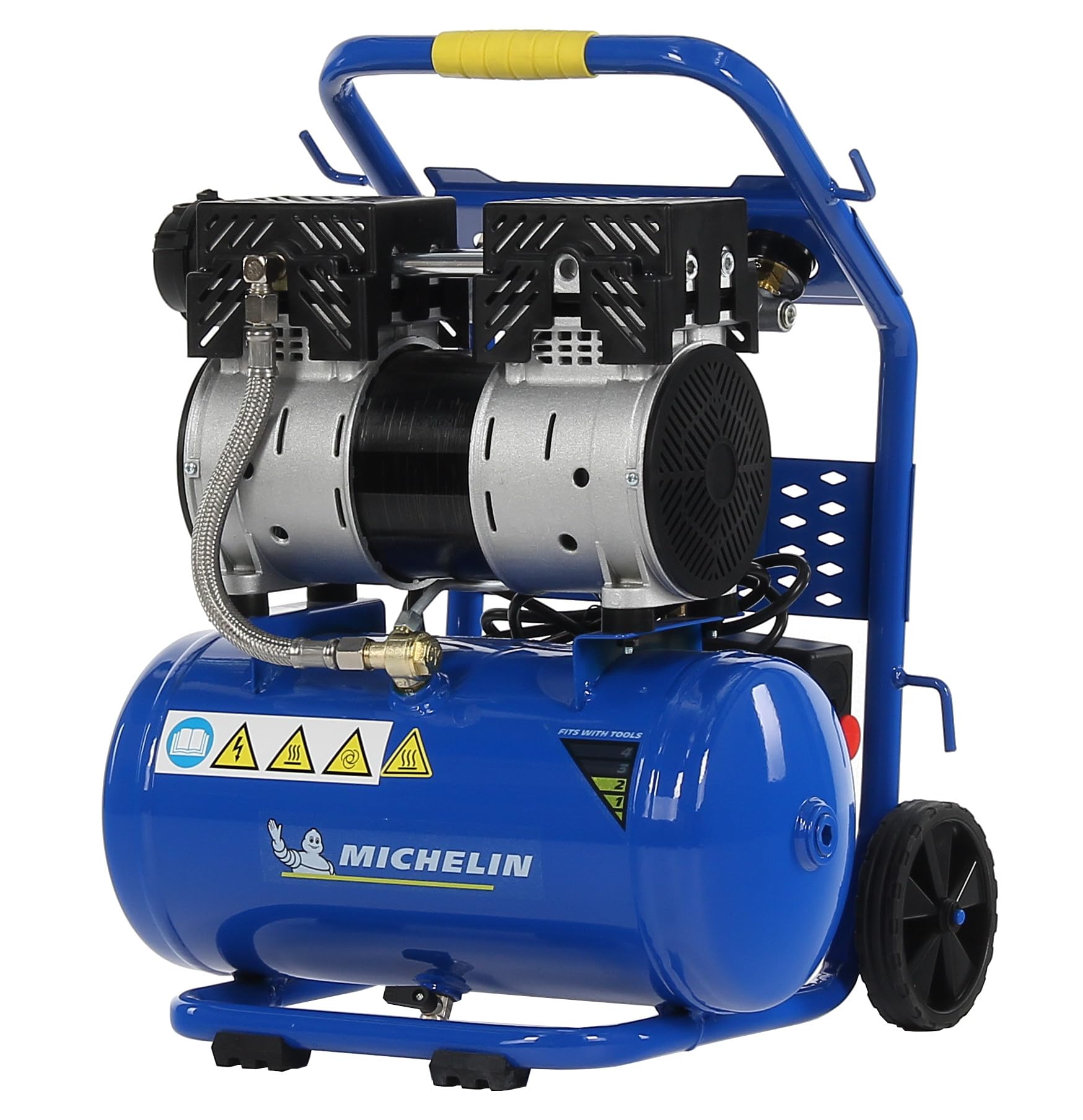 MICHELIN CA-MX10-1 - Compresor Silencioso 10LT 1HP - 59 dB - Capacidad 10 L - Motor de 1 HP - Presión Máx 8 Bar - Caudal 130 l/min - Sin Aceite - Portátil - Carro Ergonómico