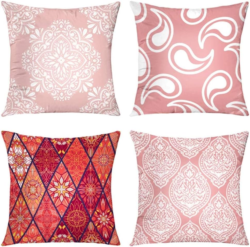Suesoso Arabesque Pillowcase 18"X18" Set of 4 Pink and White Decorative Vintage Paisley Mandala Pillow Case Double Sided Print Decorative Pillow Sham Cushion Cover Home Decor Sofa Bed Cart