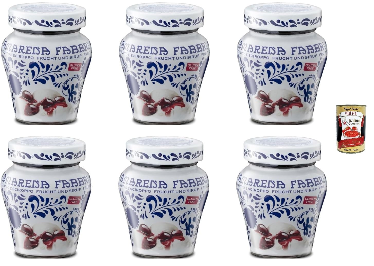 Italian Gourmet Amarena ciliegie sciroppate Keramik Dessertdeko 6 x 230g | Ideali su gelato, yogurt e pasticceria; süß eingelegt im Sirup, ikonischer, Gesamtnettogewicht 1,38 kg + Kostenlos Polpa 400g