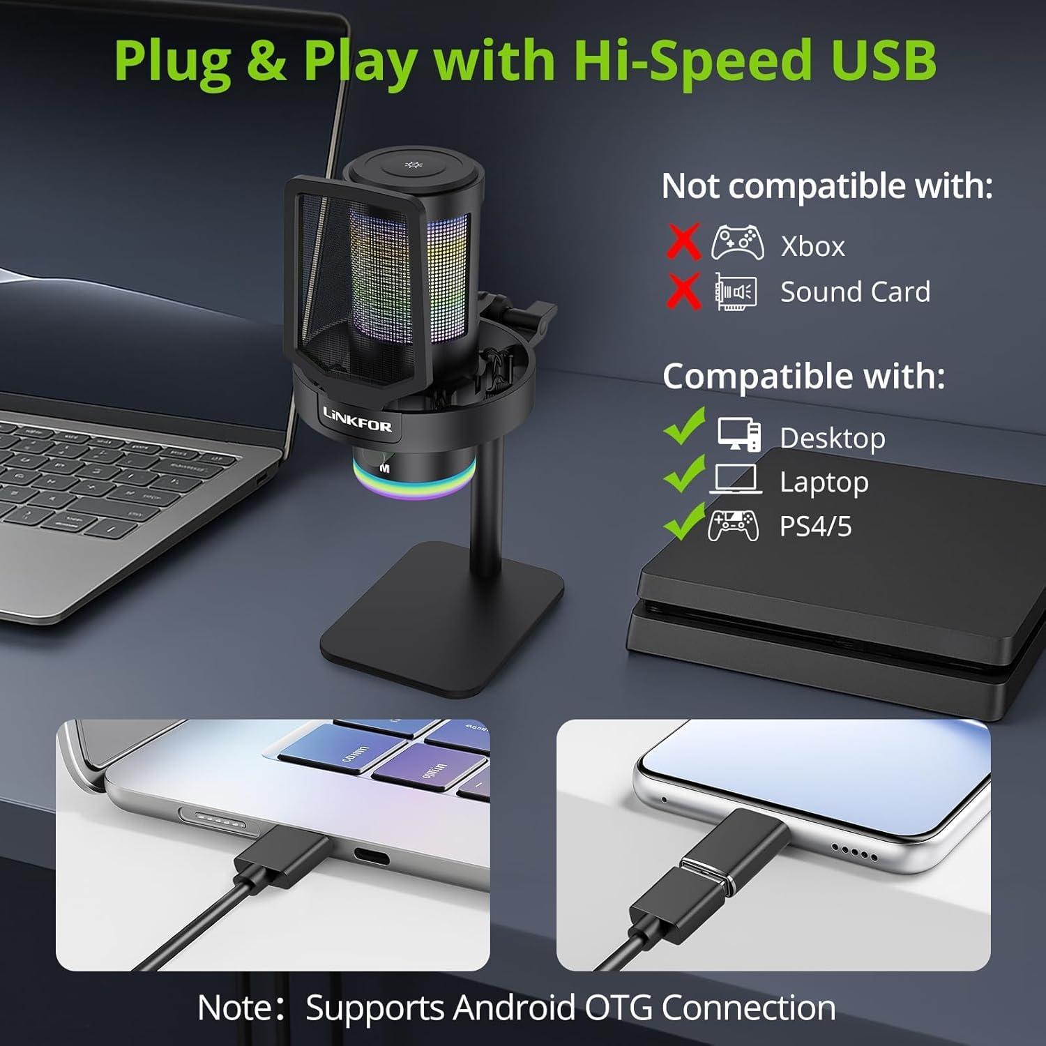 LiNKFOR USB Gaming Microphone connected to a laptop via USB-C cable