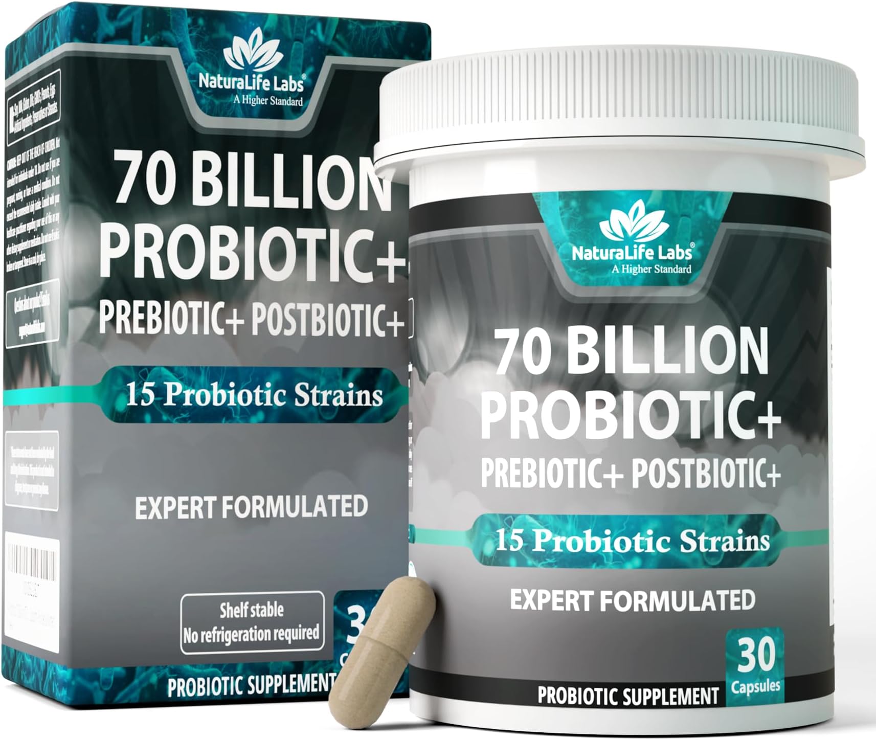 NaturaLife Labs Probiotics 70 Billion CFU – 15 Strains + Organic Prebiotic & Postbiotic 3-in-1 – Gut & Digestive Support – Supports Occasional Bloating – Women & Men – Vegan & Shelf Stable – 30 Caps