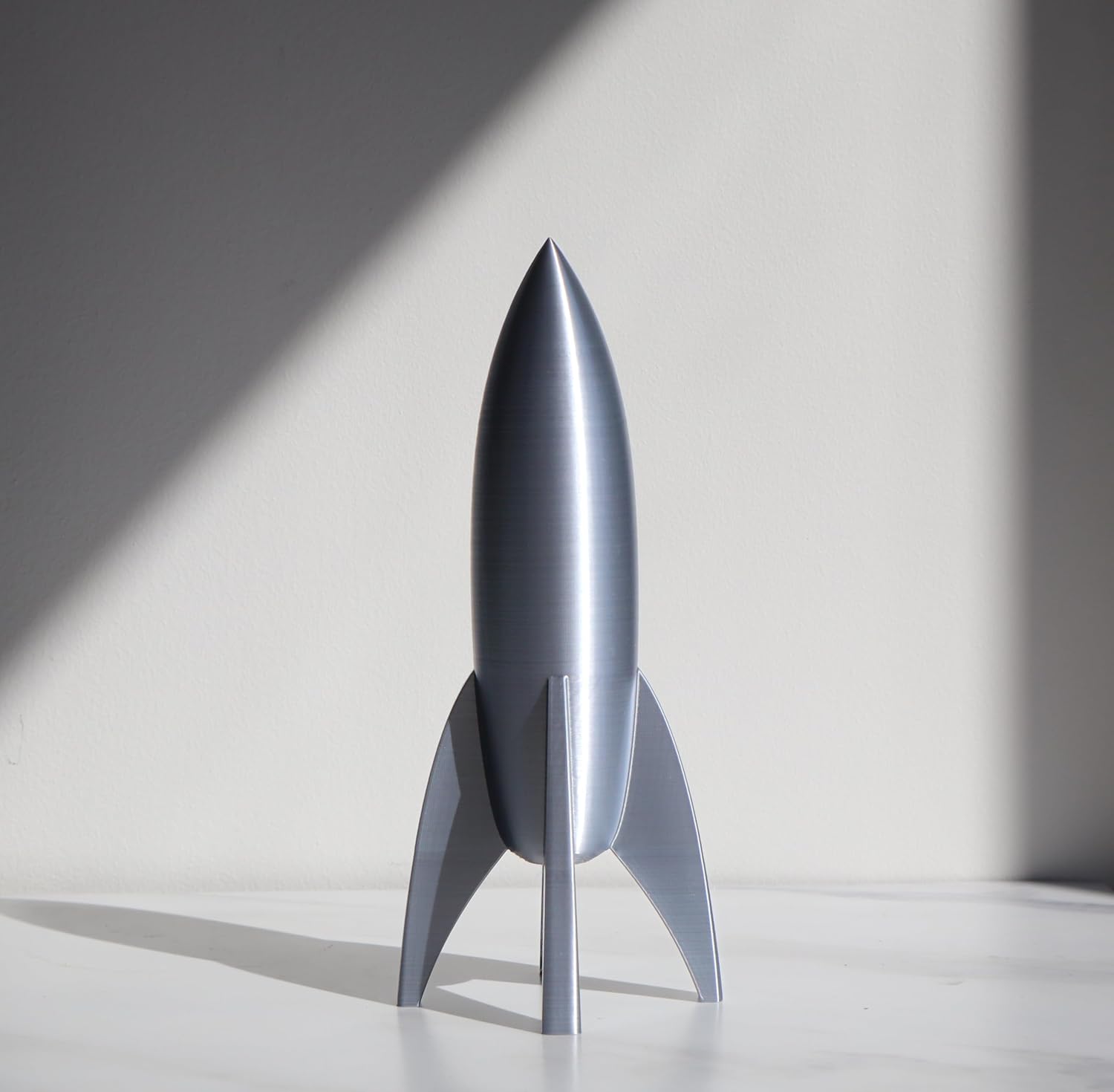 Decorative Retro Space Rocket Ship Model, Reflective Silver, Mid-Century Modern Style, Desktop Display (Medium (8" Tall))