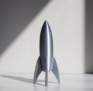Decorative Retro Space Rocket Ship Model, Reflective Silver, Mid-Century Modern Style, Desktop Display (Small (6.5 Tall))