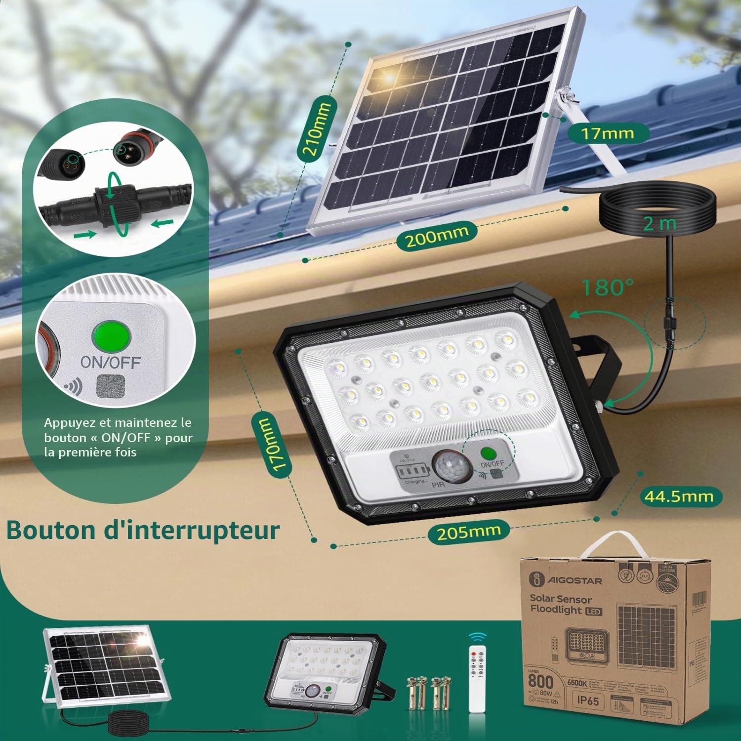 Aigostar Lampe Solaire Extérieur Détecteur de Mouvement,4000mAH,Batterie de Grande Capacité,Projecteur LED solaire avec Télécommande,IP65,Lumière Solaire pour Jardin,Cour,Câble de 2M,2 Pièces
