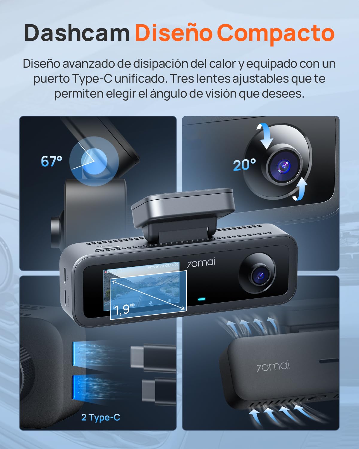 70mai Cámara de salpicadero T800E 4K de 3 canales, 4K+1080P + 1080P, cámara triple interior delantera y trasera con control de voz, HDR, visión nocturna IR, modo de estacionamiento, F1.55, GPS