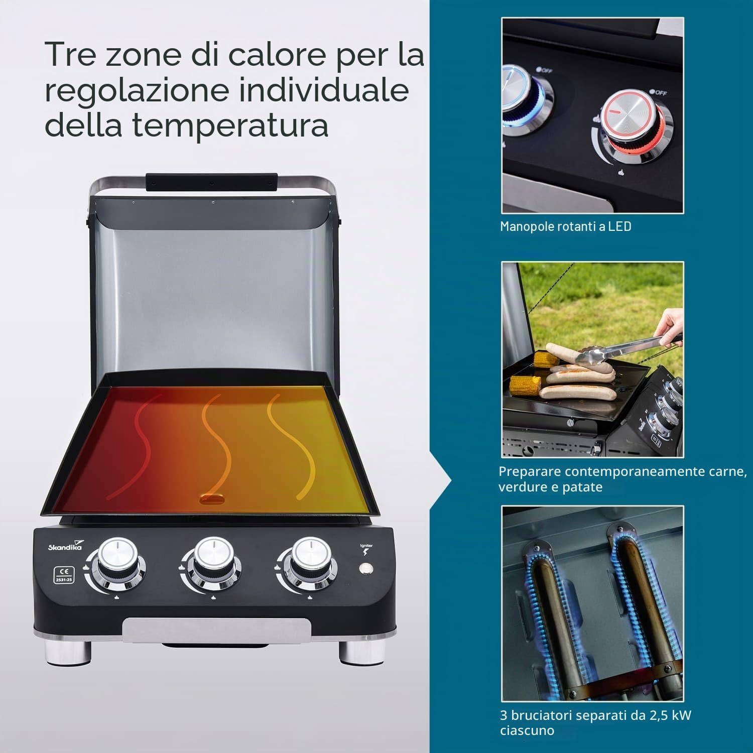 Skandika Gasplancha Palo | Piastra grill a gas senza/con coperchio Plancha, 3 bruciatori, vassoio di sgocciolamento, grill a gas trasportabile con piastra di cottura (con coperchio)