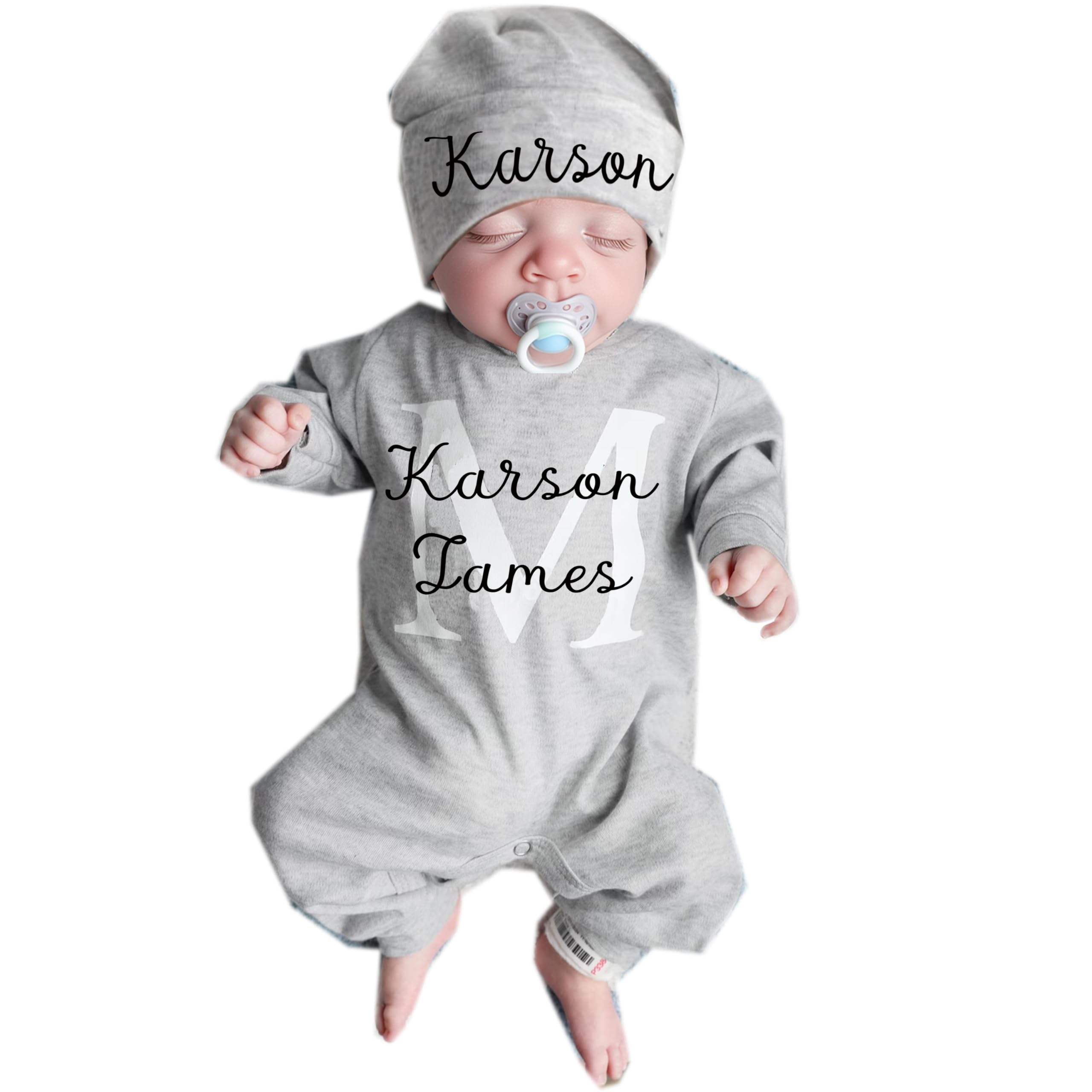 Personalized Baby Sleep Suit with Hat Custom Newborn Baby Coming Home Outfit with Monogrammed Sleeper Baby Girl Newborn Essentials for Girl and Boy Baby Shower Gift (A)