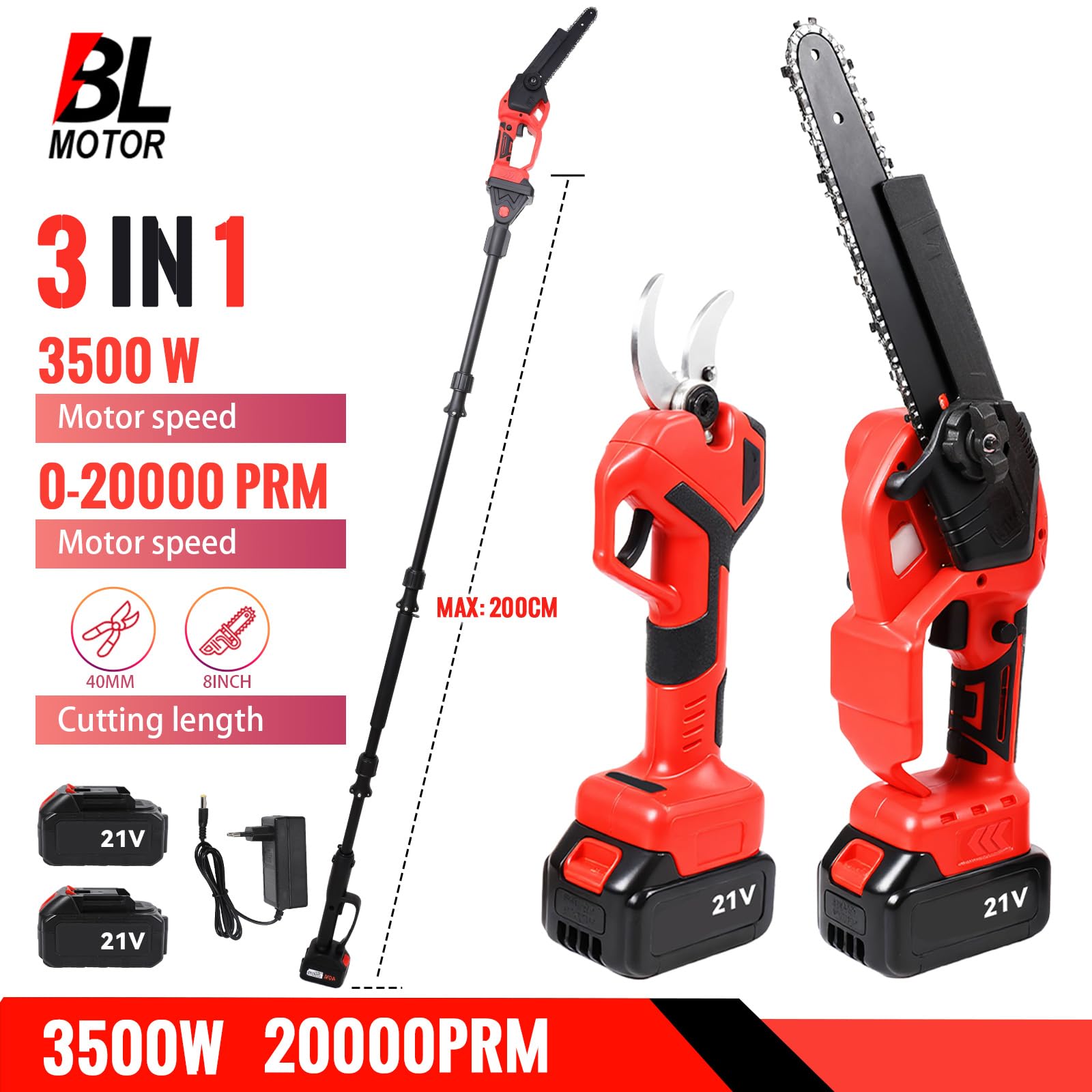 4 in 1 8 pollici motosega telescopico, 2 x 4,0 Ah batterie, (rosso)