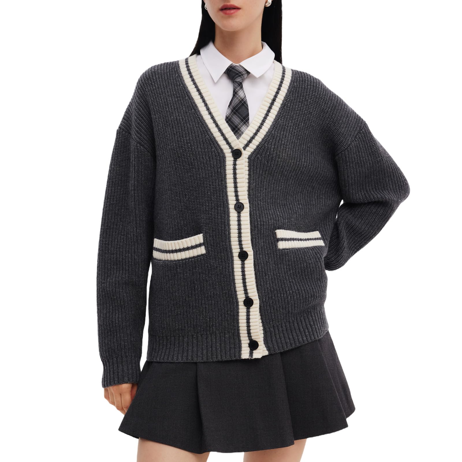 GOELIA Oversized Chunky Knit Cardigan Sweaters for Women 2025 Wool Blend Contrast Trim Outerwear Coats